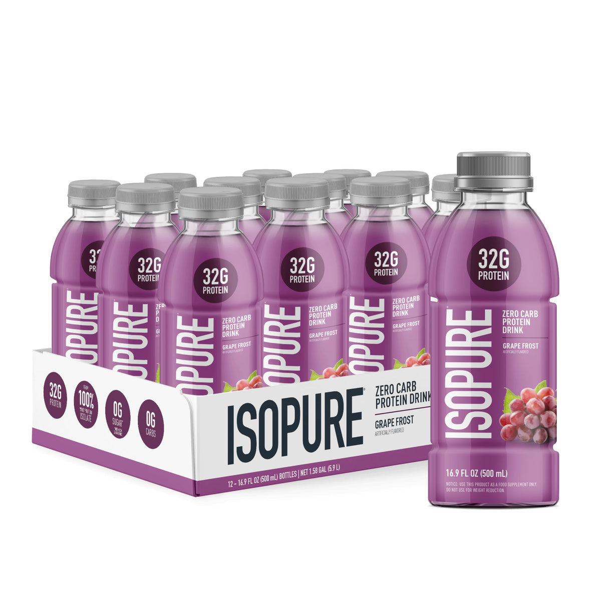 Isopure botella frontal Grape Frost mostrando diseño y beneficio refrescante