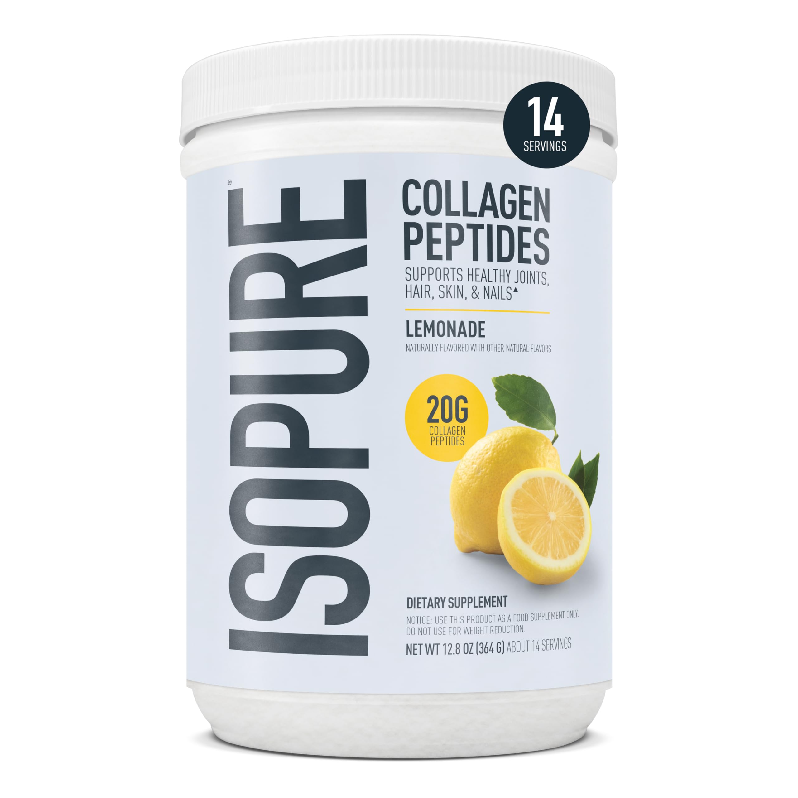 Isopure envase frontal mostrando sello y beneficios para piel