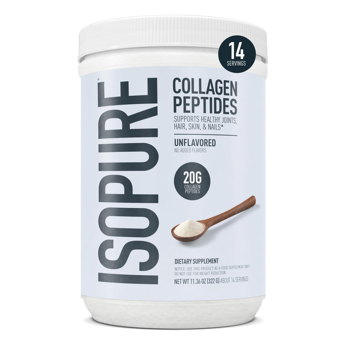 Isopure envase frontal mostrando marca y formato, aporta confianza en calidad