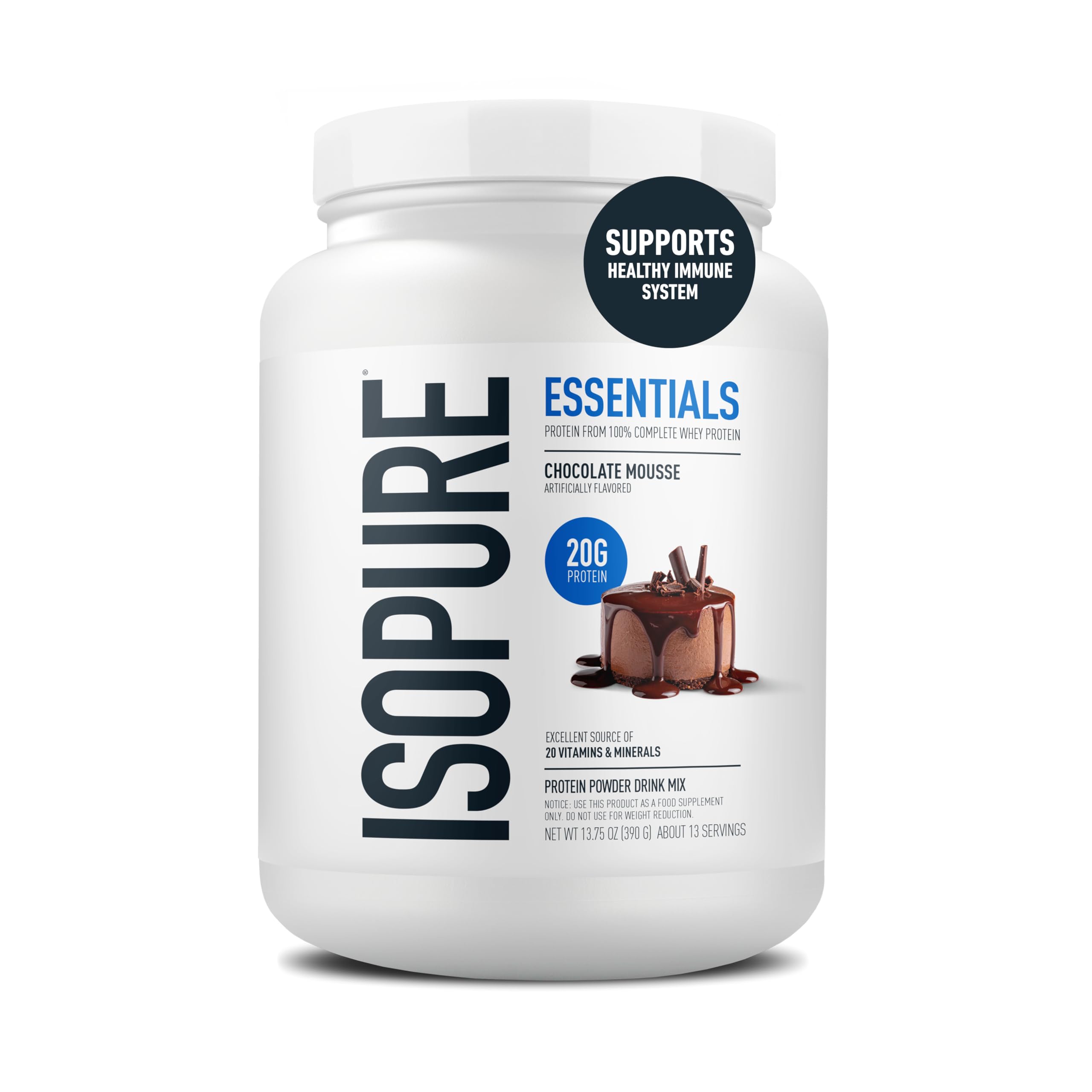 Isopure envase frontal mostrando sabor chocolate mousse y beneficio proteico