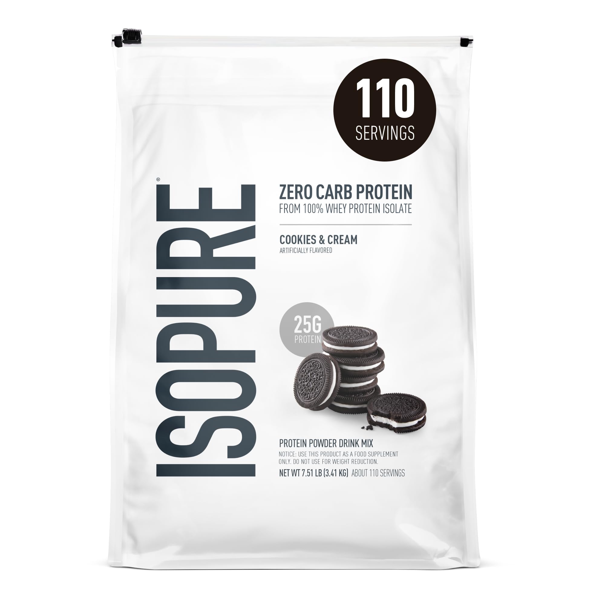 Isopure empaque frontal Cookies & Cream mostrando tamaño y marca