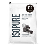 Isopure empaque frontal Cookies & Cream mostrando tamaño y marca
