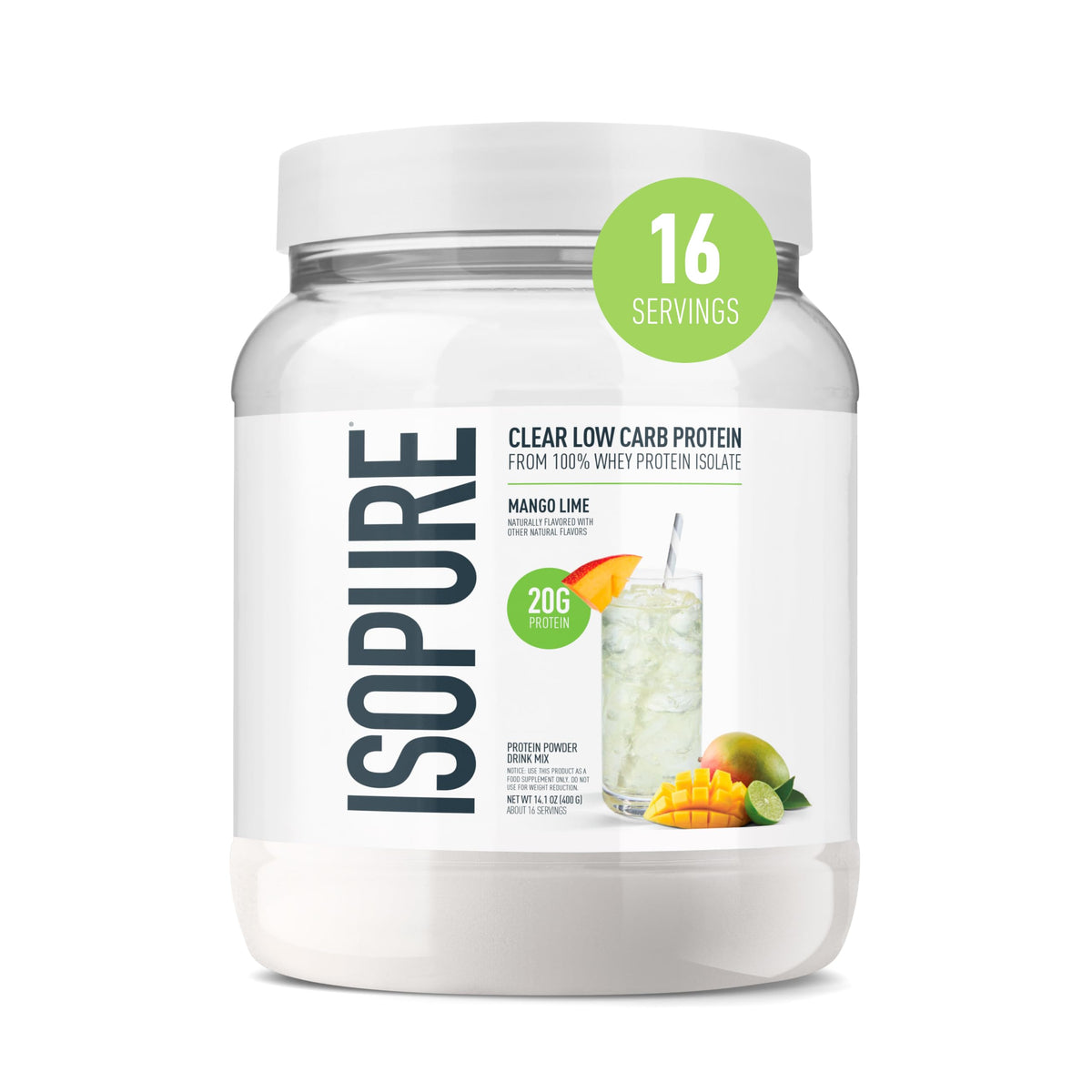 Isopure envase frontal mango lime mostrando marca y proteína clara