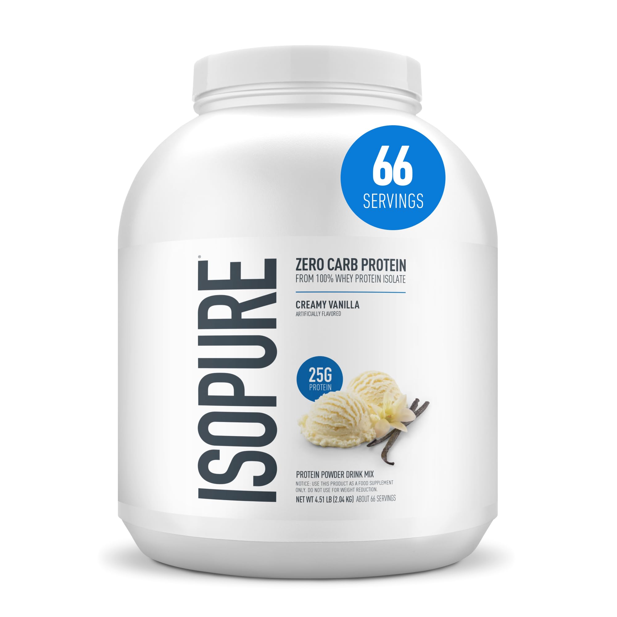 Isopure envase frontal Vainilla Cremosa mostrando 25 g proteína