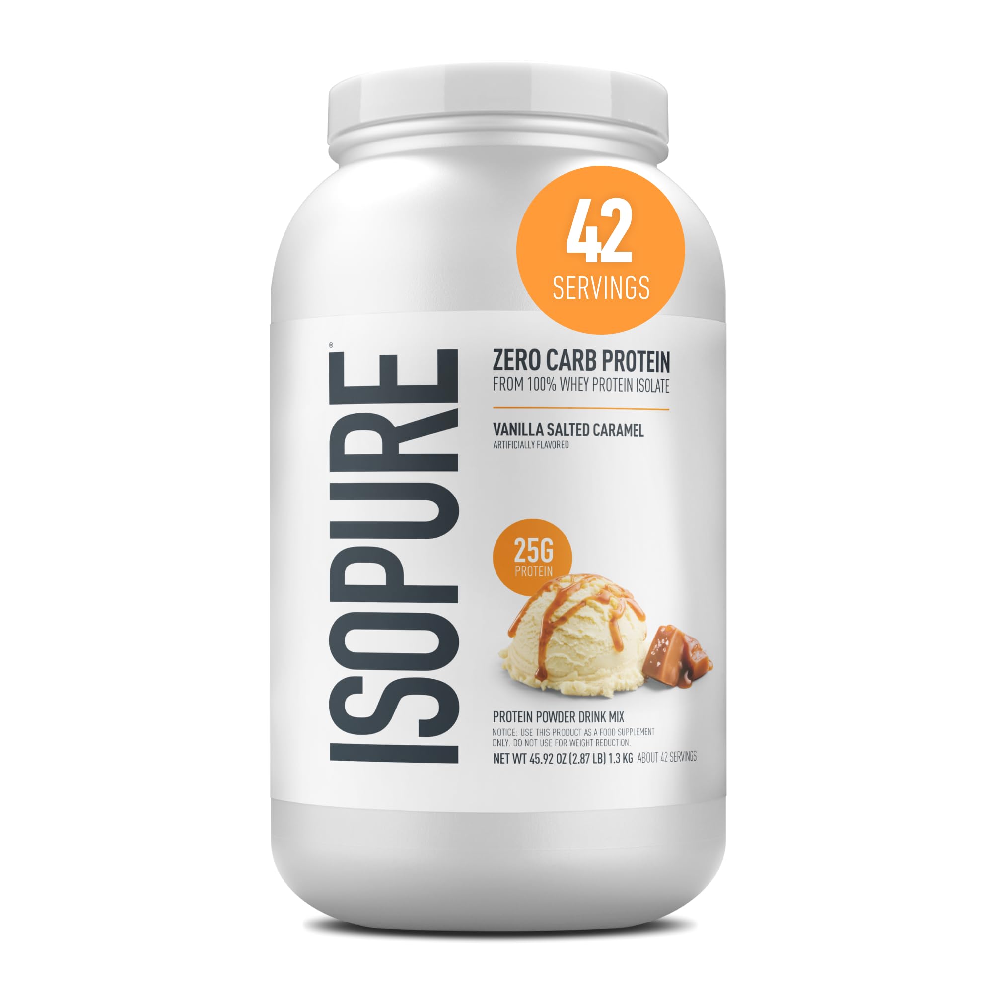 Isopure envase frontal Vainilla Salted Caramel mostrando diseño y beneficios