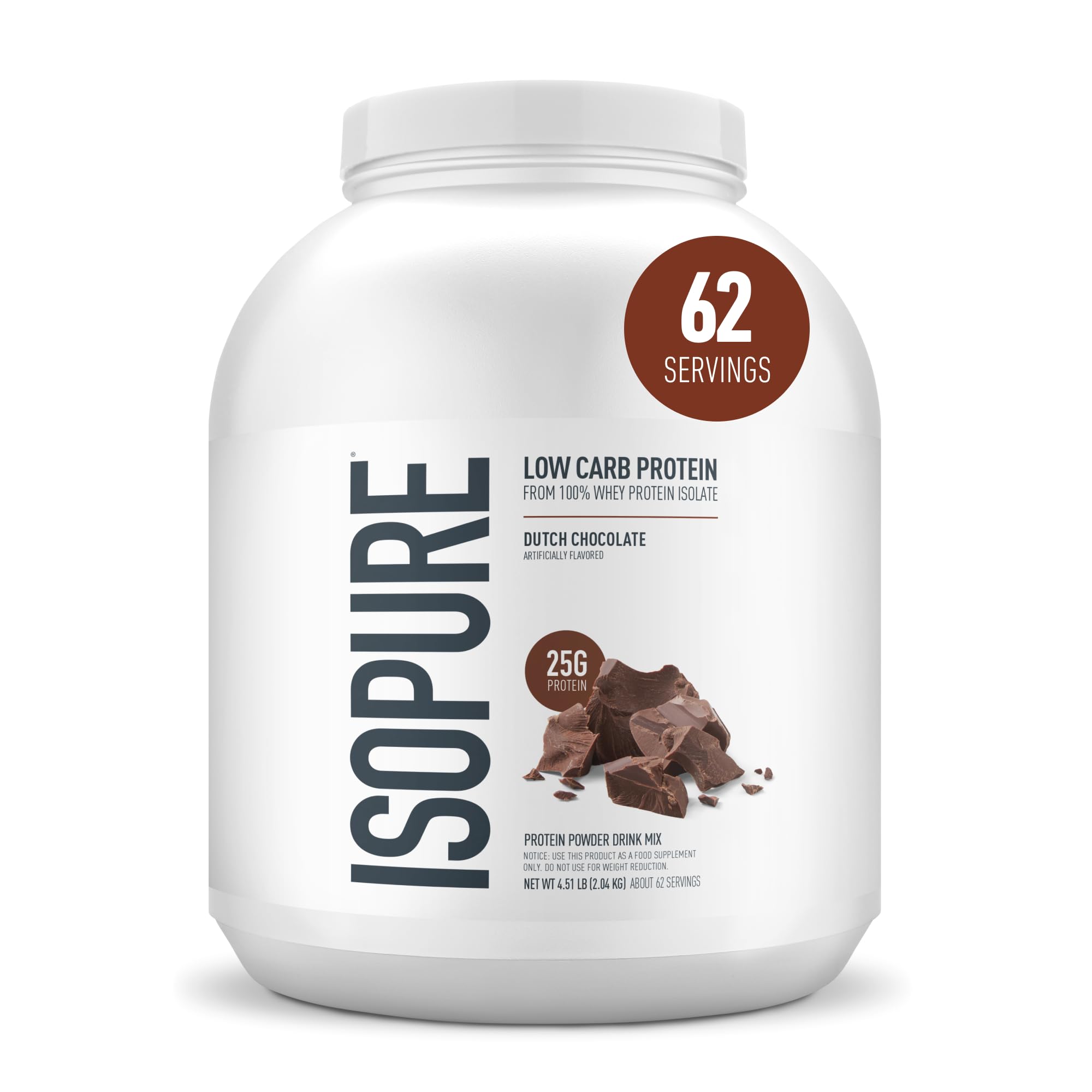Isopure envase frontal Dutch Chocolate mostrando tamaño y beneficio proteico