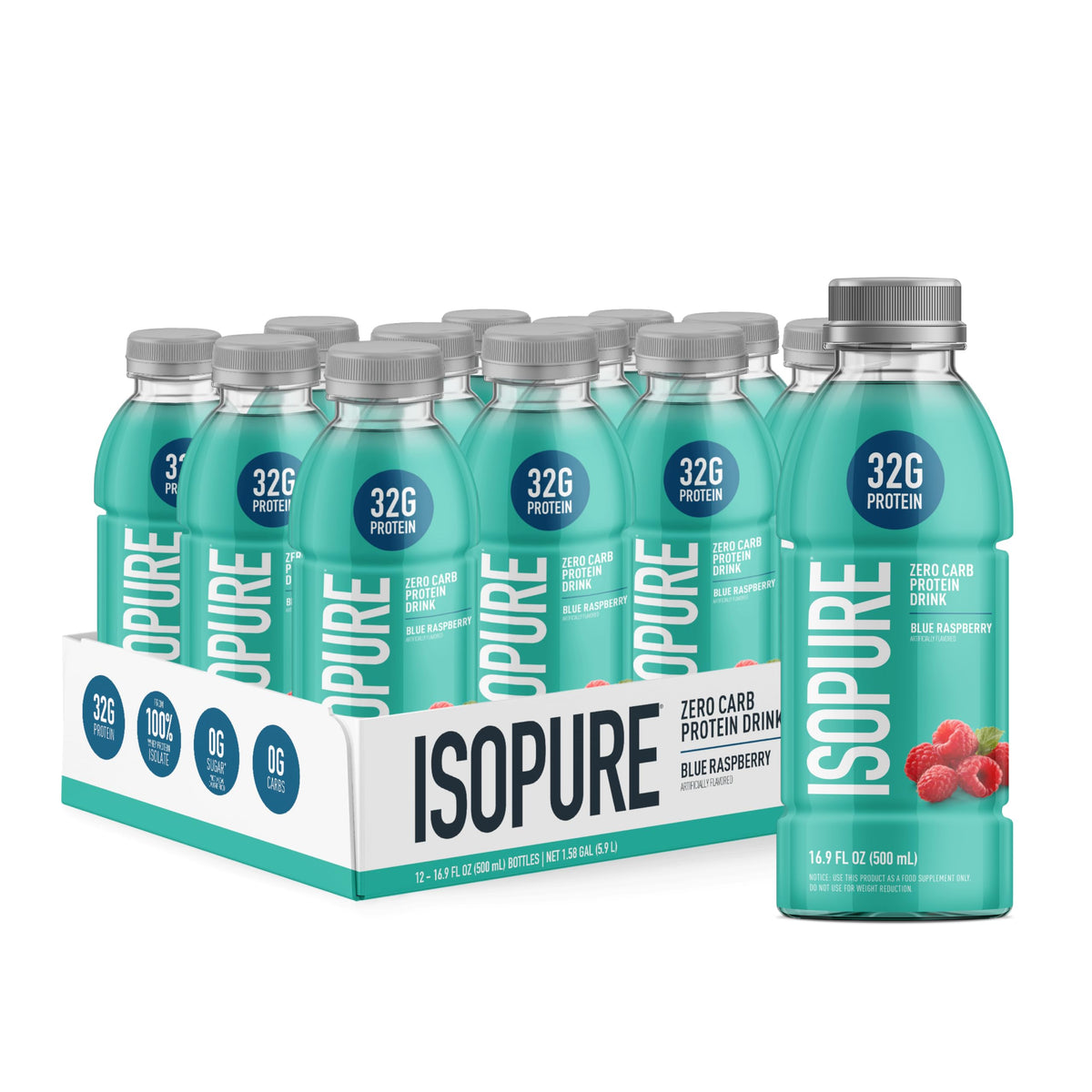 Isopure botella frontal con etiqueta y diseño claro, conveniencia inmediata