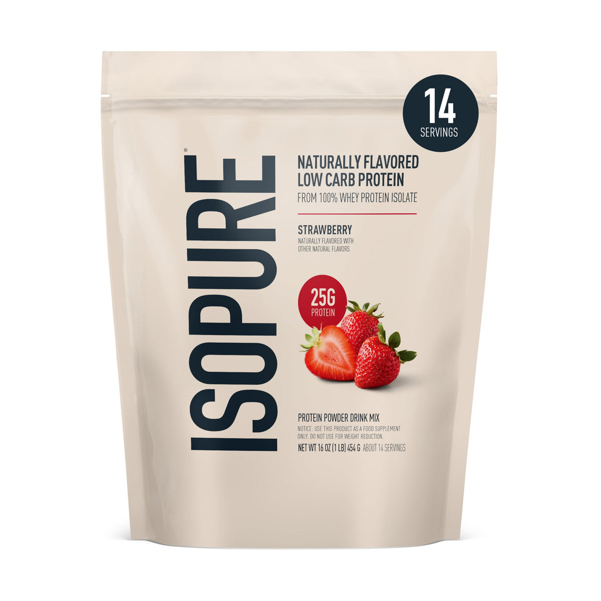 Isopure envase frontal sabor fresa mostrando marca y beneficio proteico