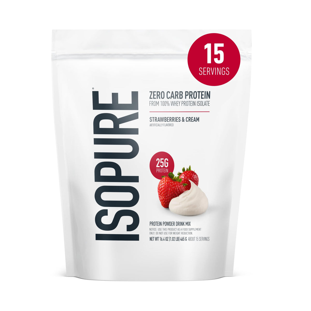 Isopure empaque frontal Fresas & Crema mostrando diseño y beneficio proteína