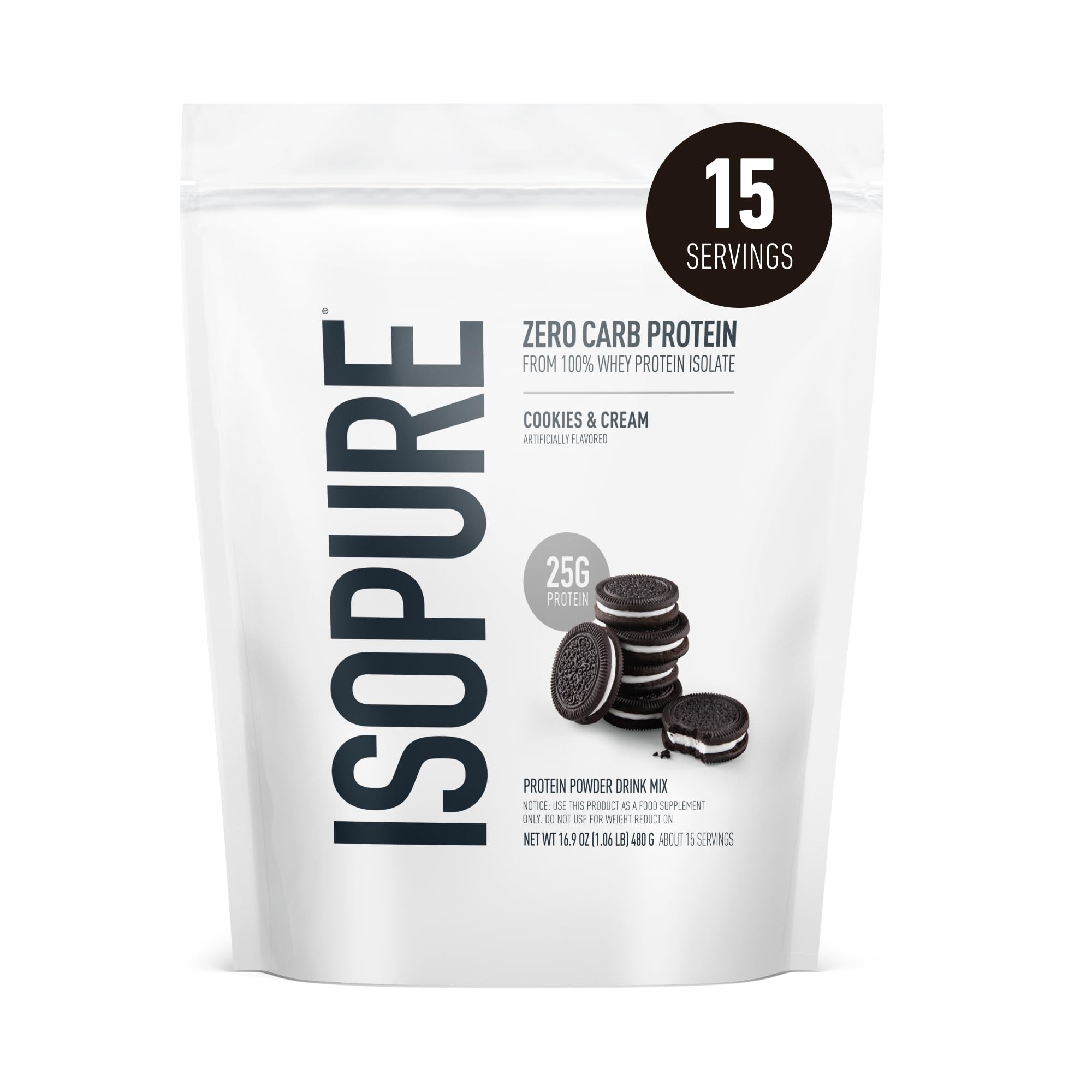 Isopure frente del envase cookies & cream destacando 25 g proteína
