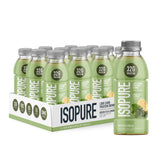 Isopure botella frontal mostrando marca y forma, conveniencia al instante