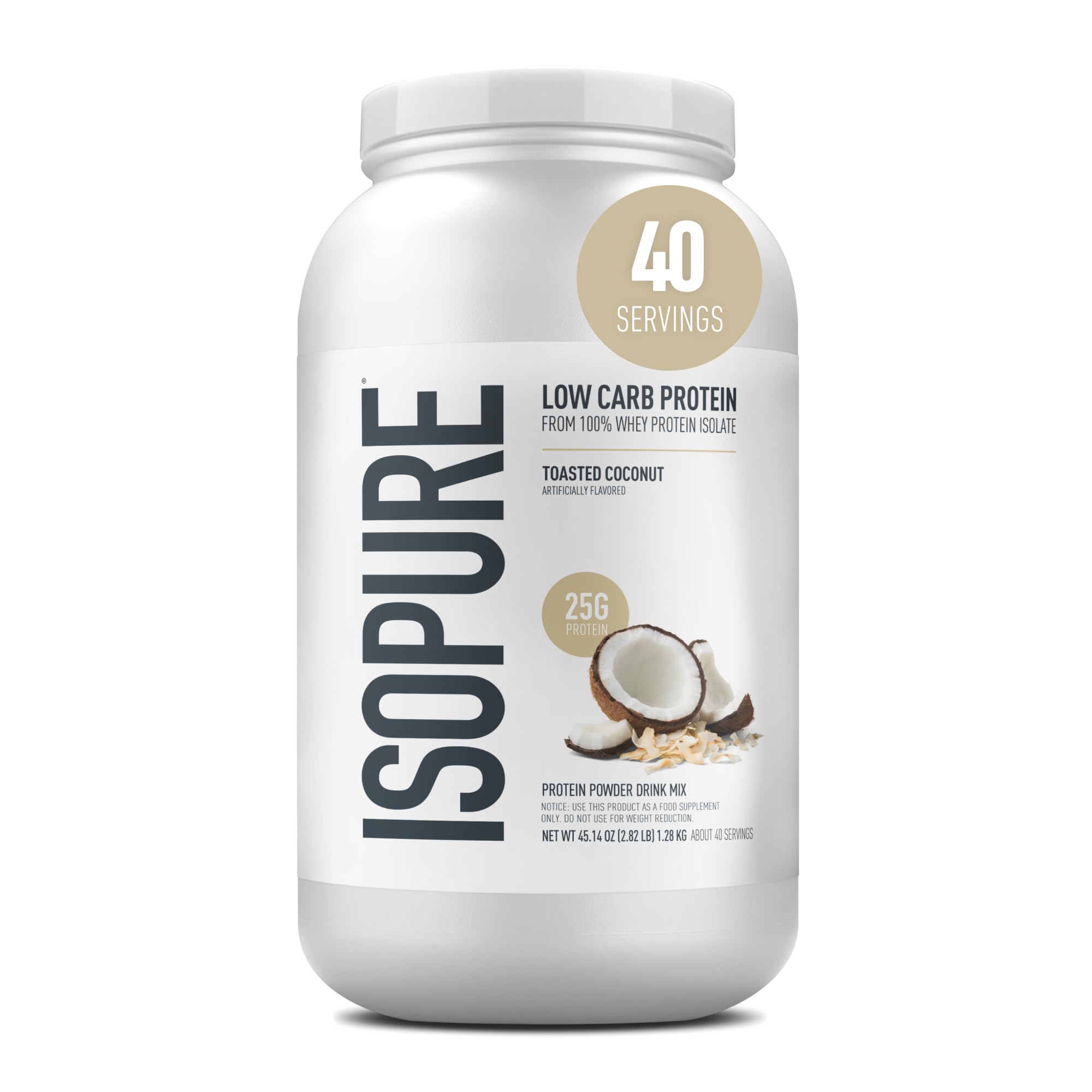Isopure envase frontal coco tostado mostrando etiqueta clara y proteína pura