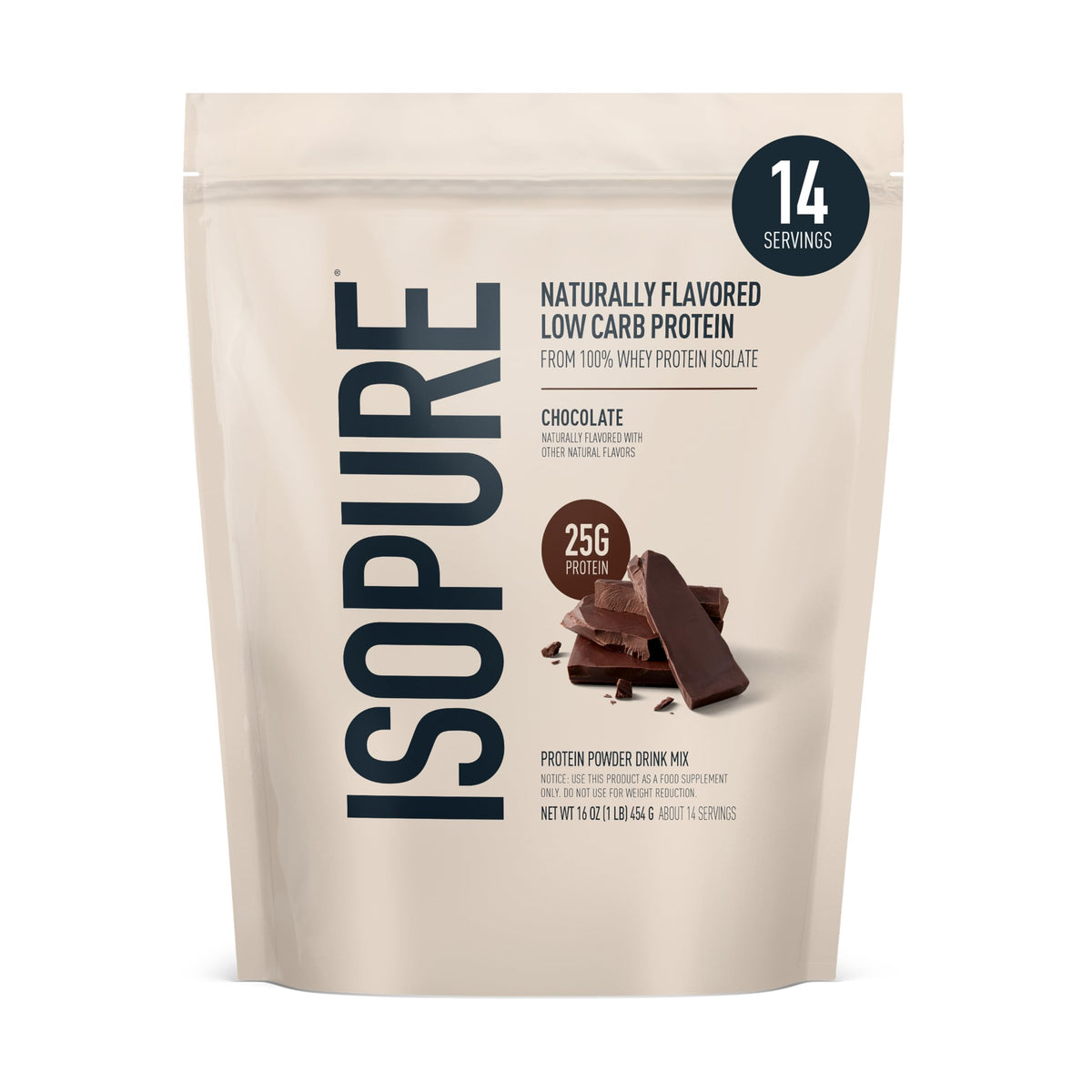 Isopure empaque frontal chocolate oscuro mostrando diseño y beneficio proteína alta
