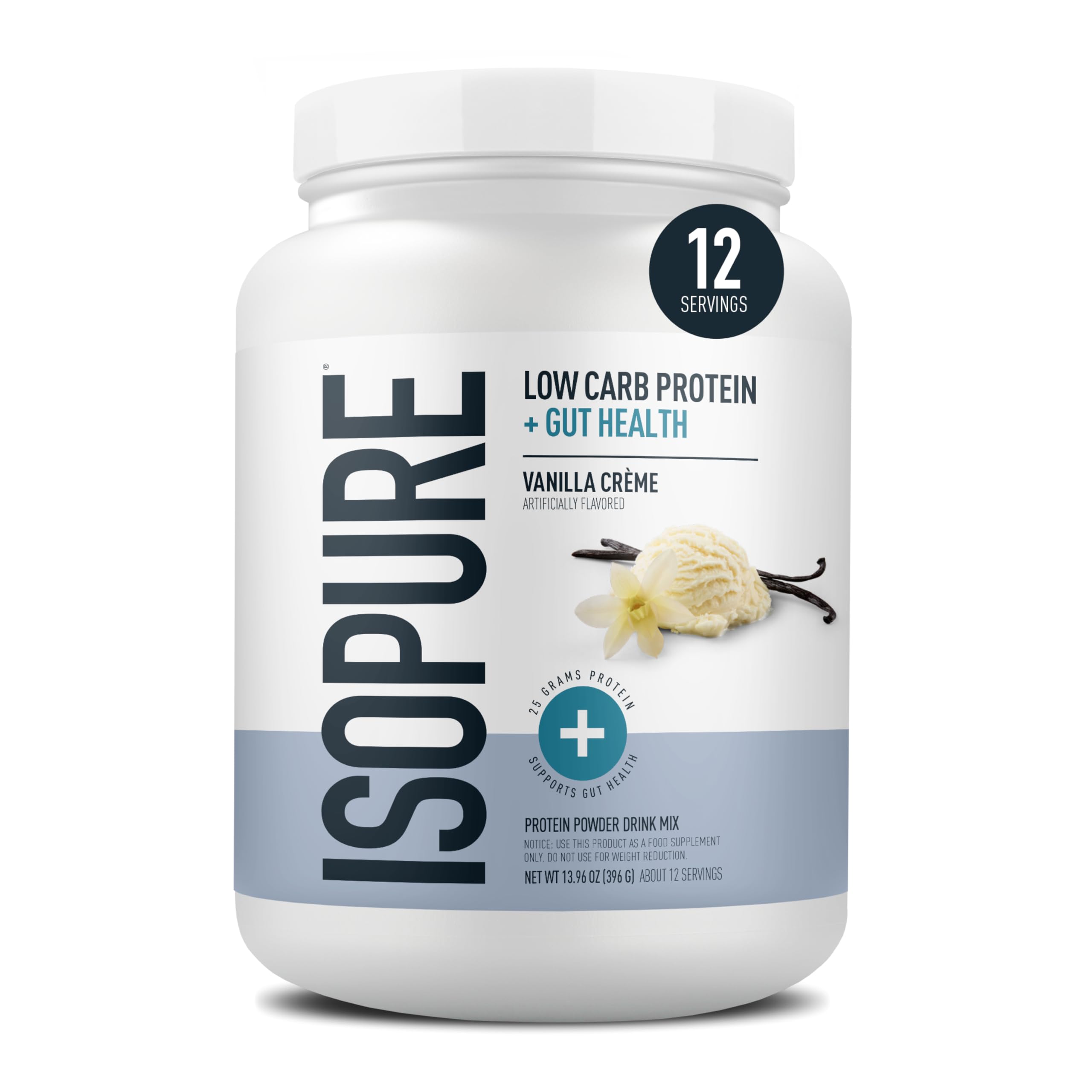 Isopure envase frontal Vainilla Crème mostrando diseño y beneficios