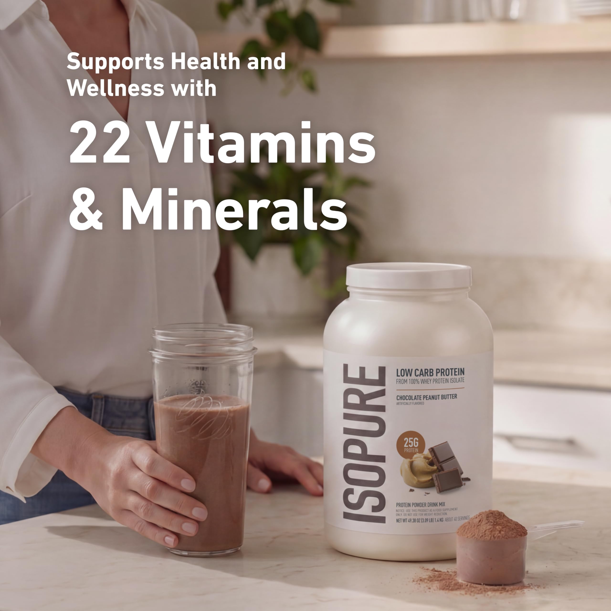 Etiqueta nutricional Isopure explicando vitaminas y 0 g de azúcar