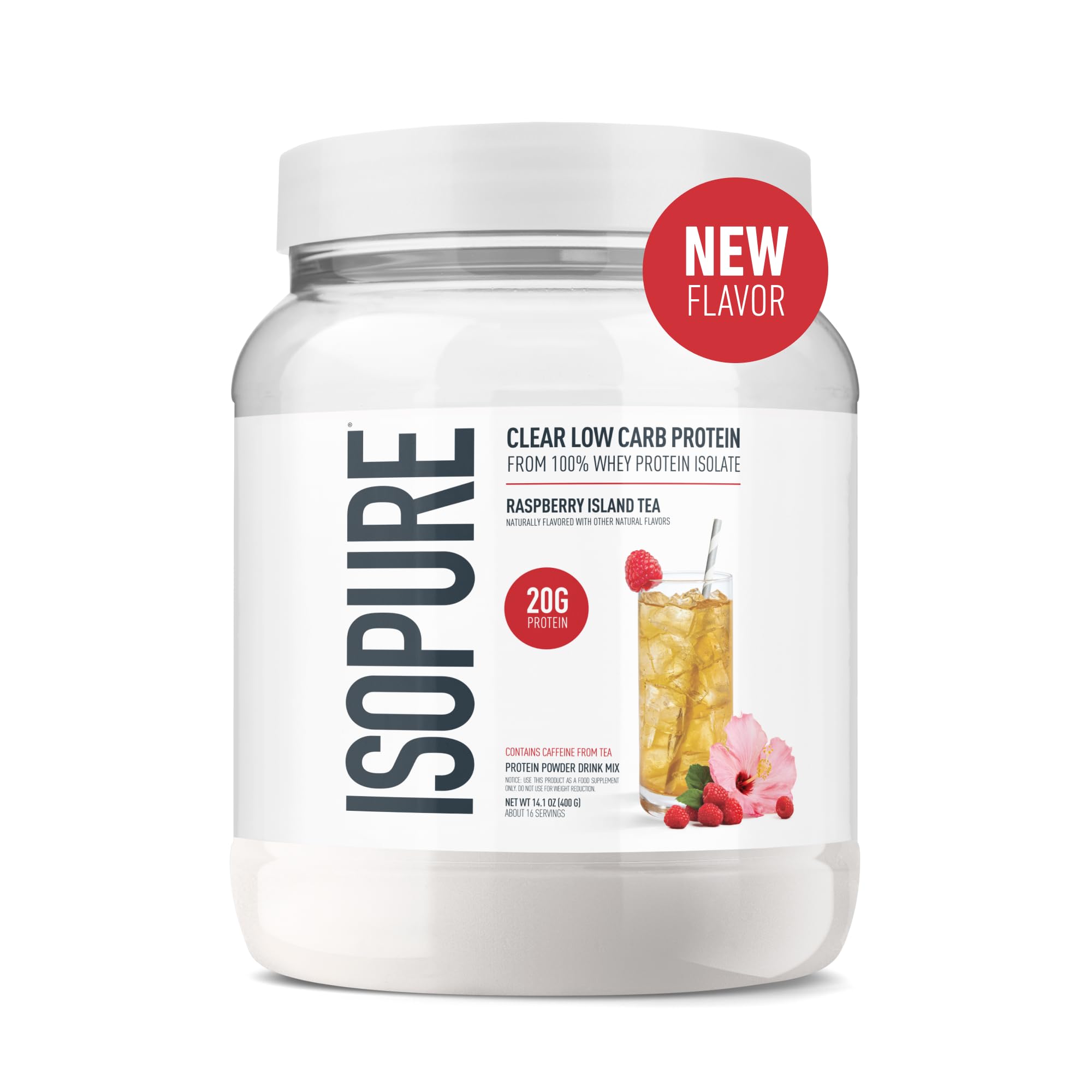 Isopure bebida servida en vaso frío, sabor Raspberry Island Tea y refresco