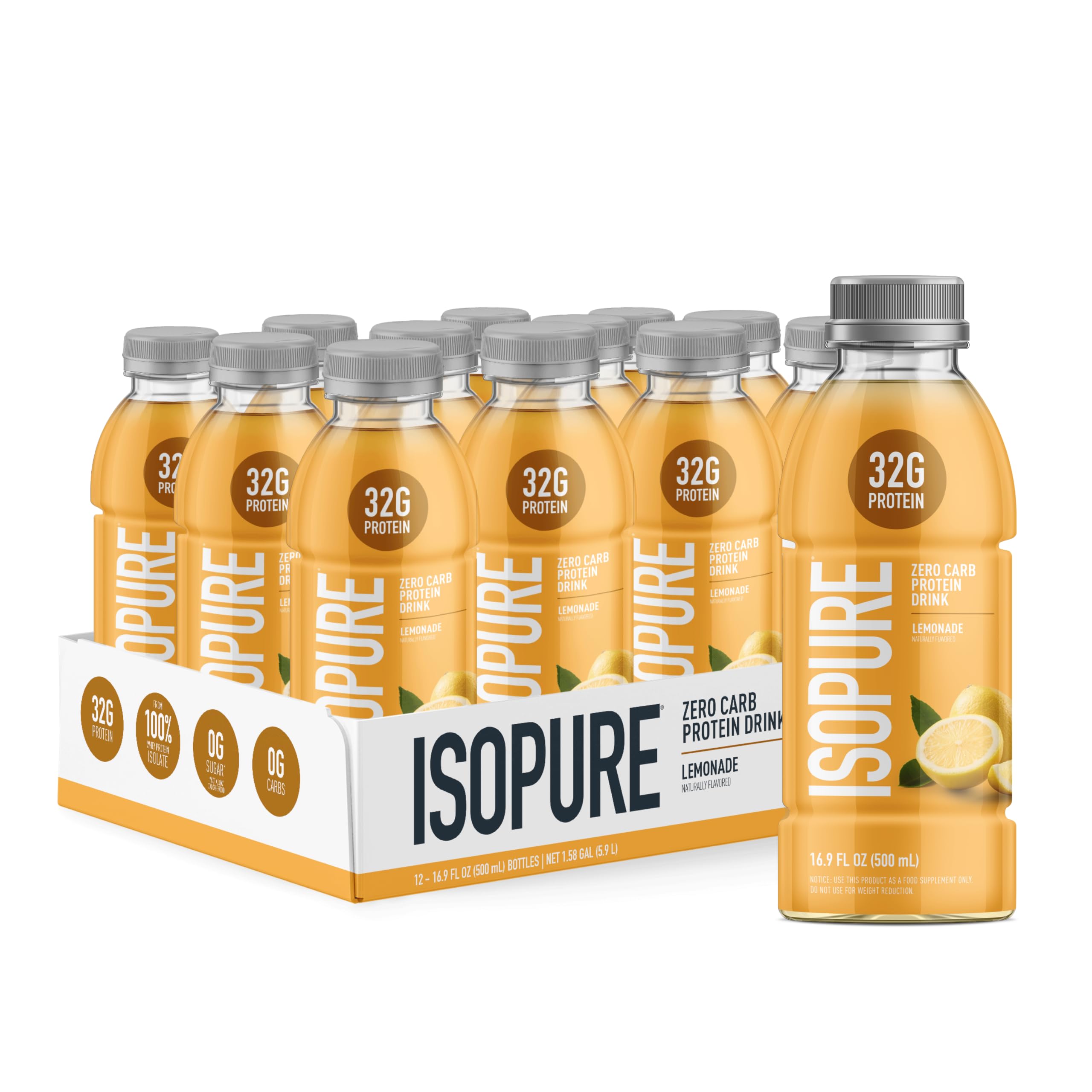 Isopure botella frontal limonada mostrando envase y aporte proteico