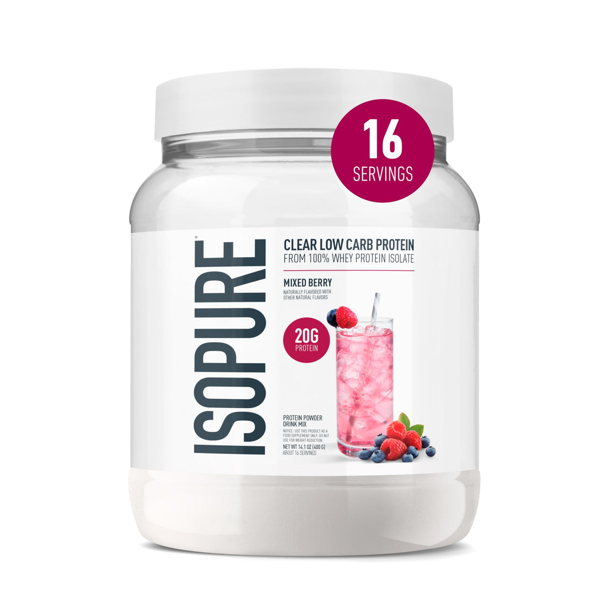 Isopure frente del empaque mostrando sabor Mixed Berry y beneficio refrescante