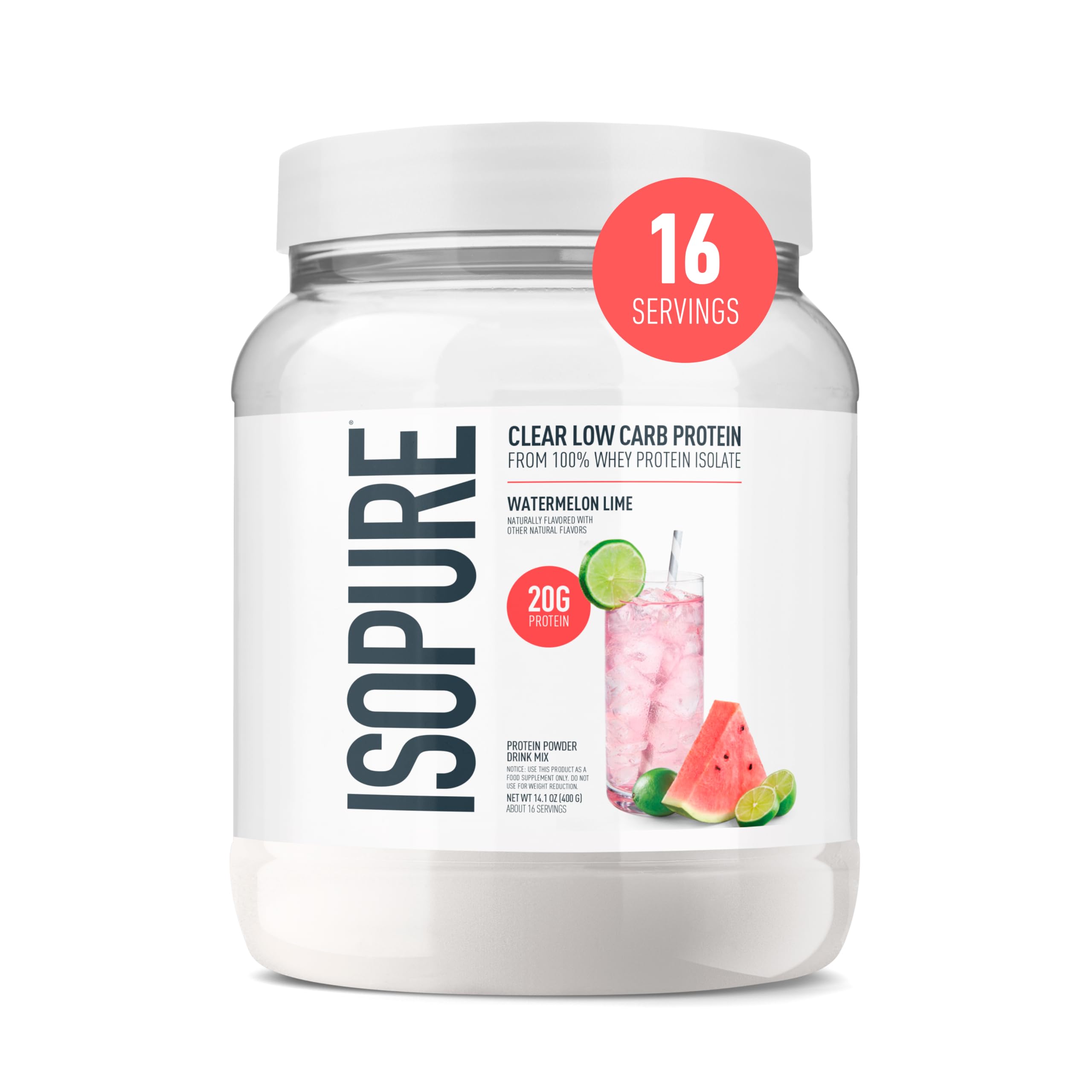 Isopure pote frontal Watermelon Lime mostrando la marca y beneficio refrescante