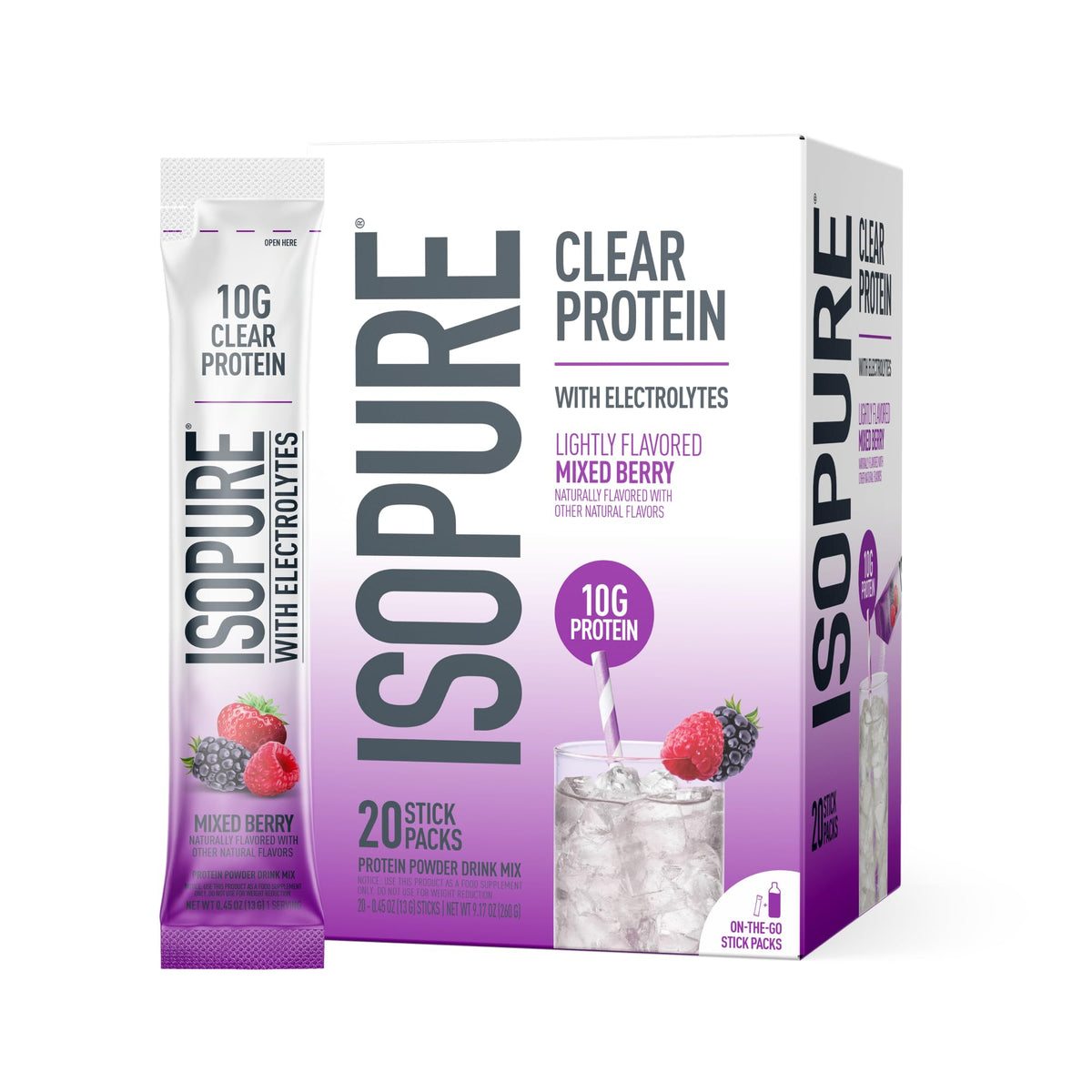 Isopure sobre frente Mixed Berry mostrando diseño y portabilidad