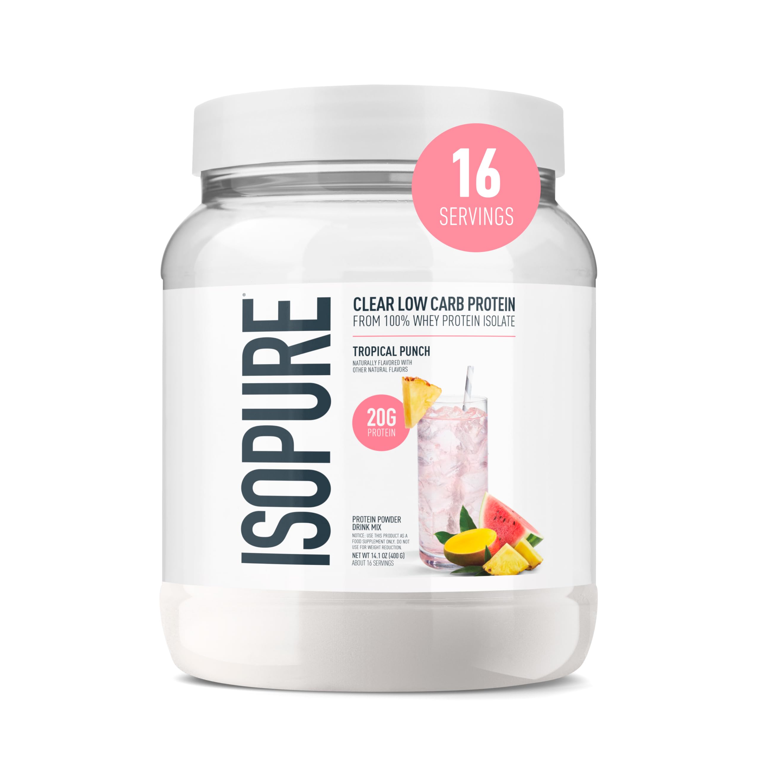 Isopure frente del empaque mostrando sabor Tropical Punch y 20 g proteína