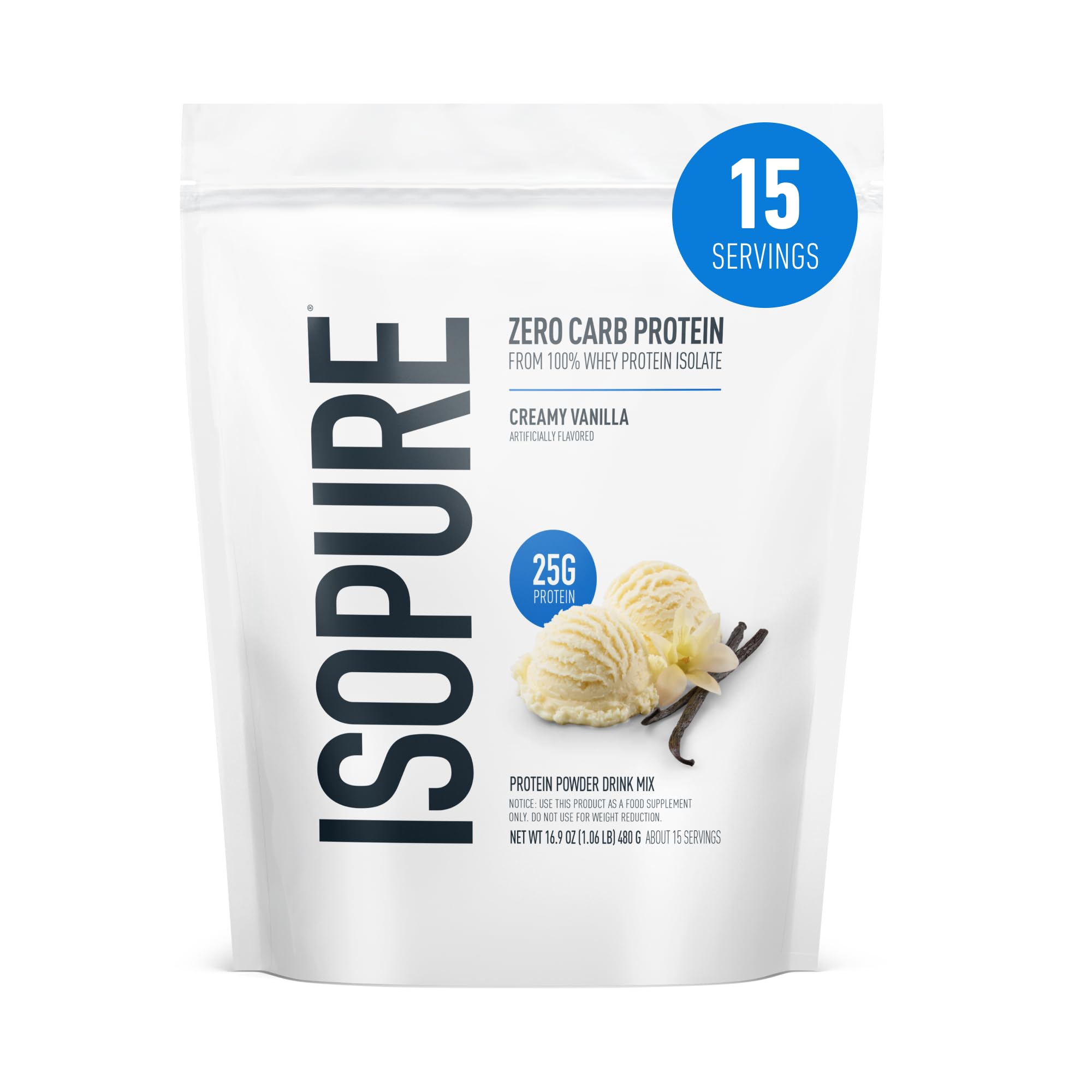 Isopure frente del empaque mostrando sabor Vainilla Cremosa y beneficio de 25 g proteína