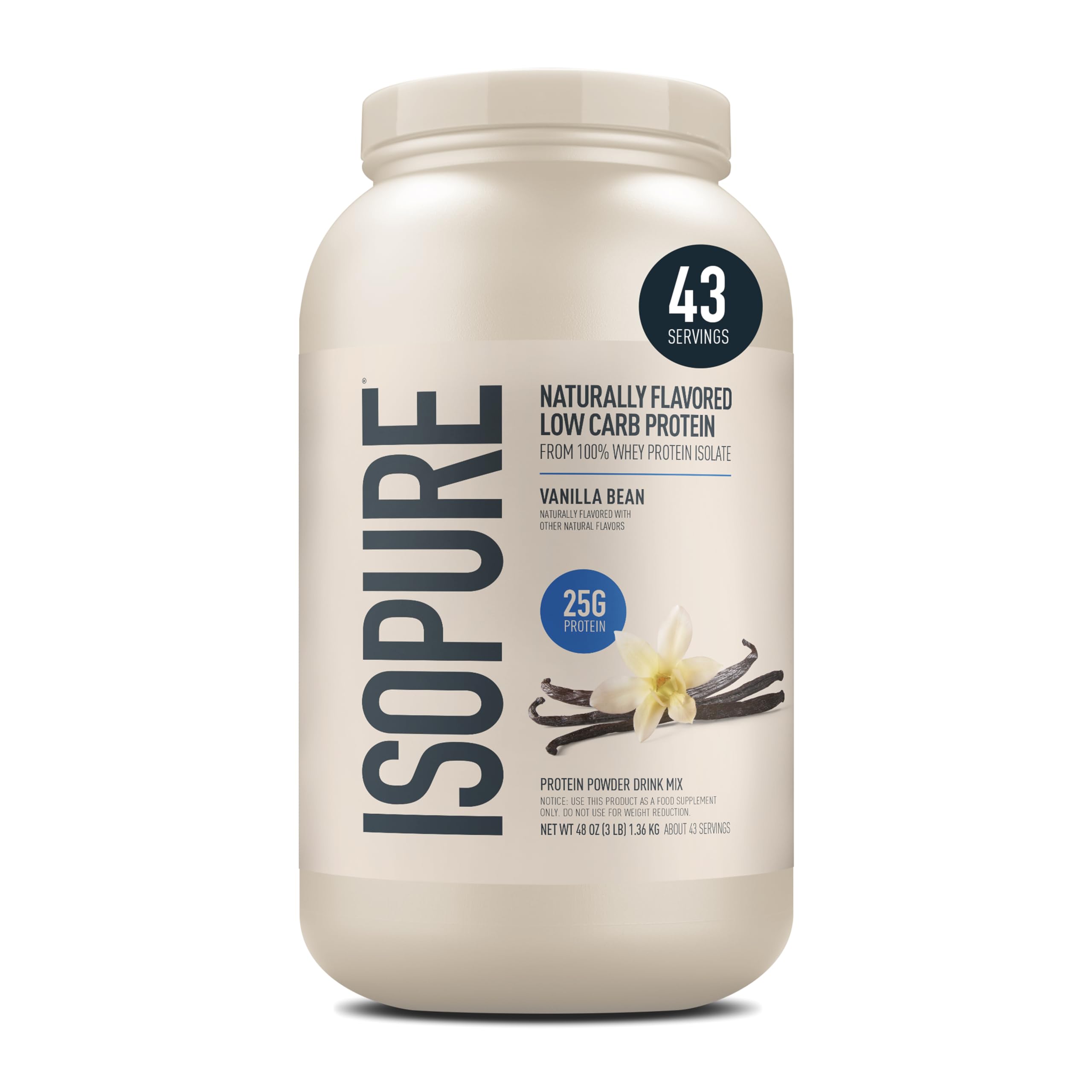 Isopure envase frontal mostrando 3 lb y sabor vainilla, práctico y nutritivo