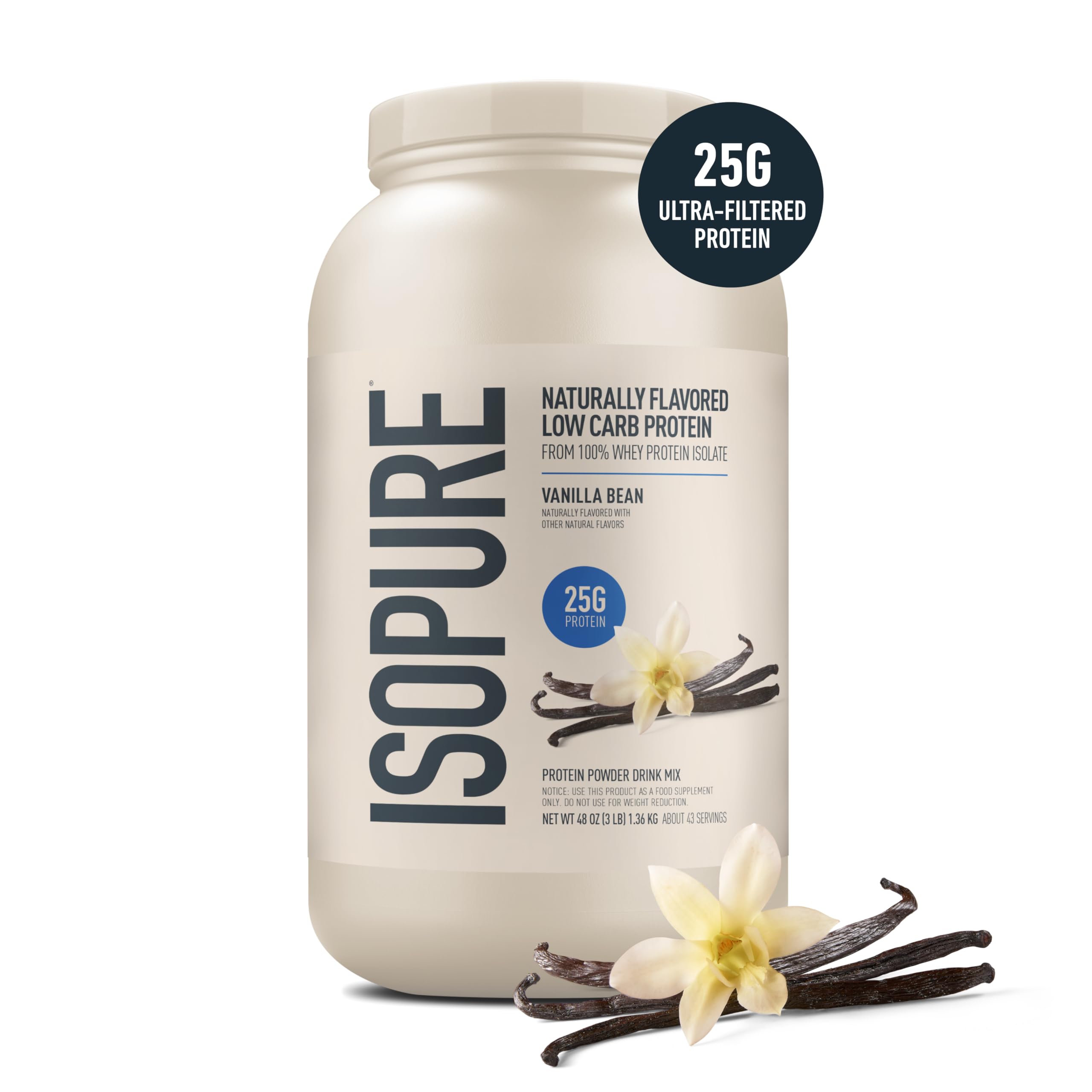 Polvo de Isopure vainilla en primer plano mostrando textura fina y fácil mezcla