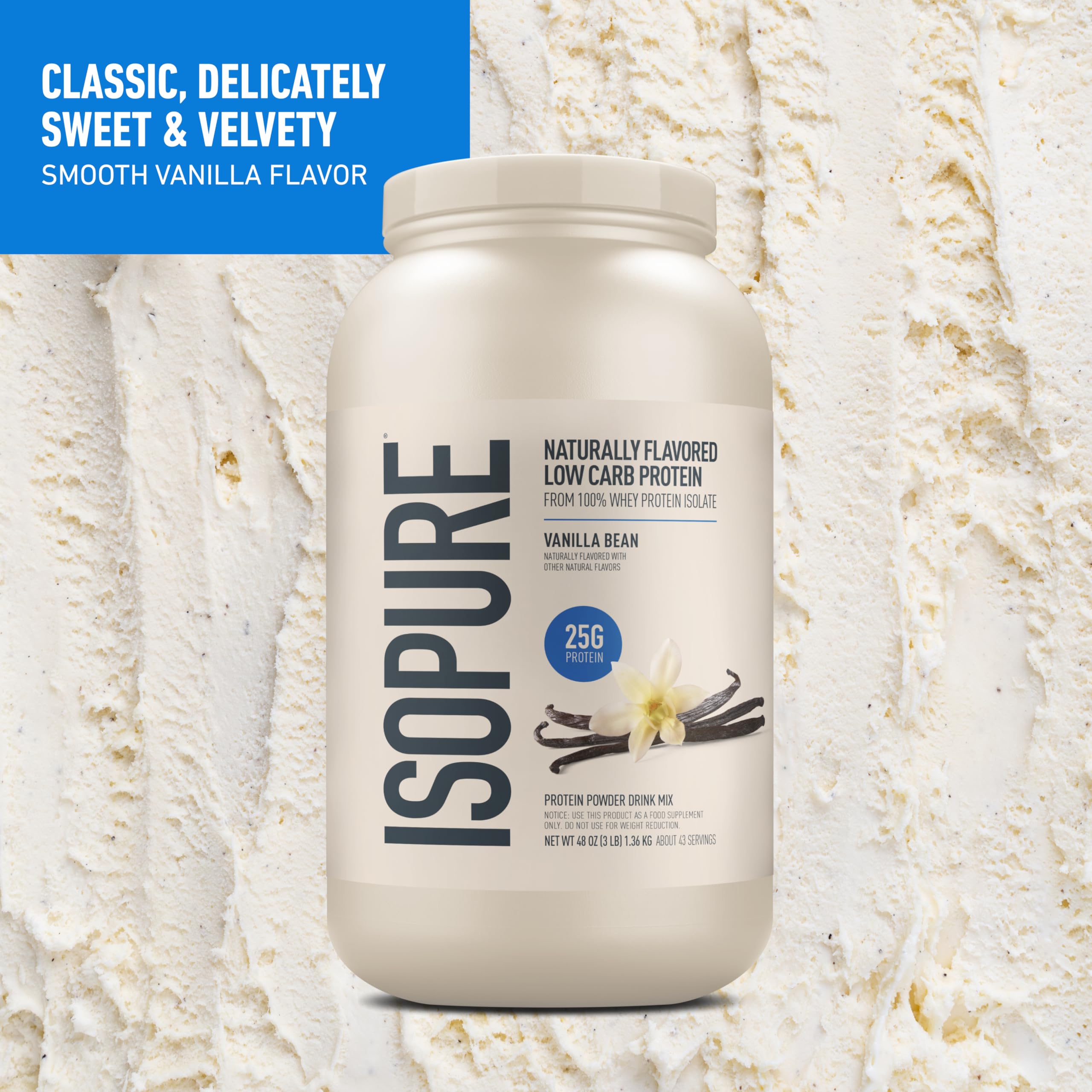 Vaso con batido Isopure vainilla listo para beber, rico en proteínas y rápido
