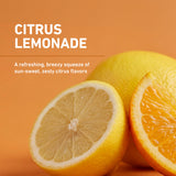Isopure vaso servido con bebida clara de limonada proteica, refresco con 20 g proteína