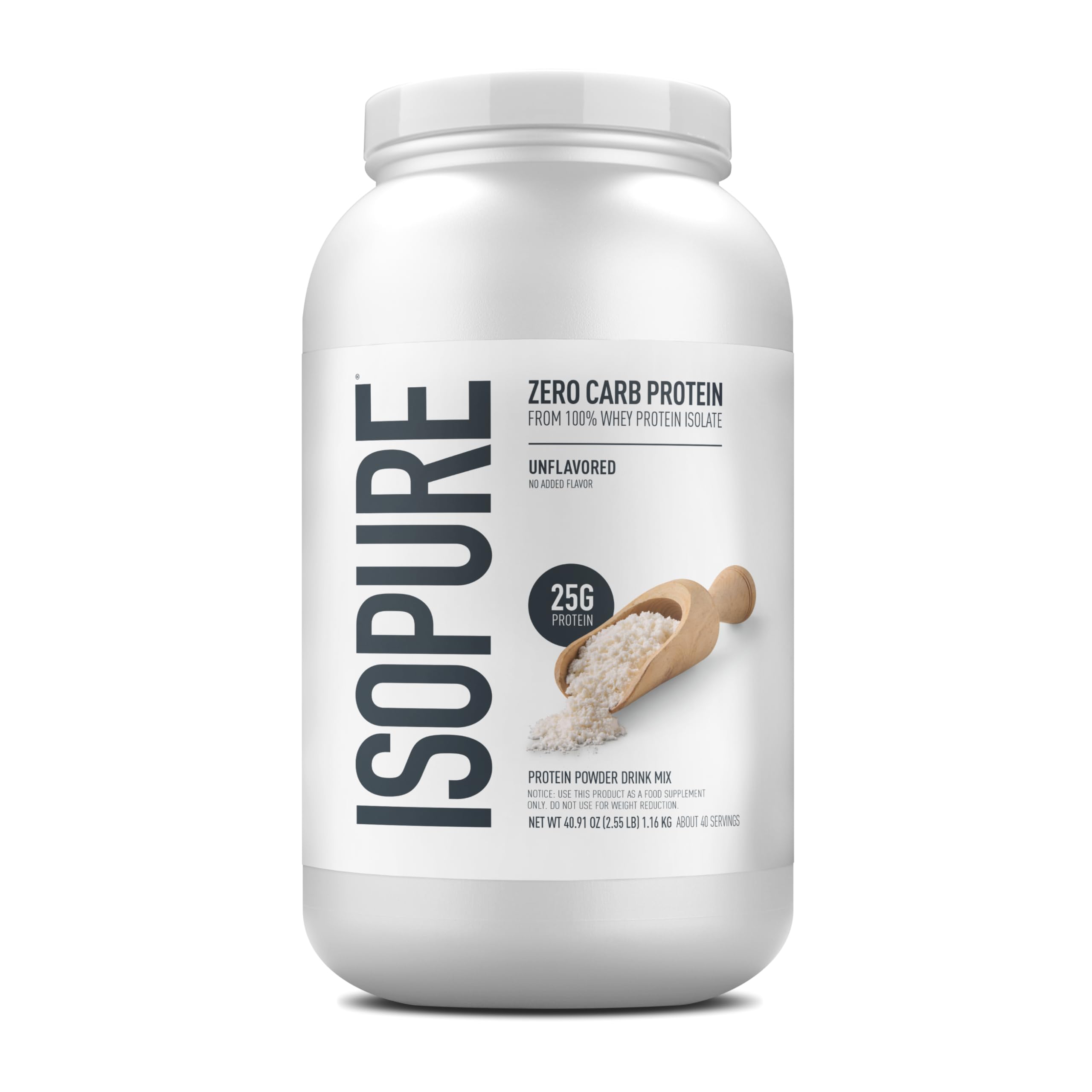Isopure envase frontal mostrando 25 g proteína y cero carbohidratos
