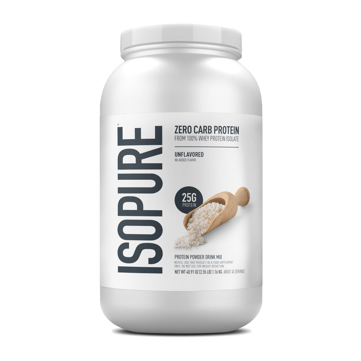 Isopure envase frontal mostrando 25 g proteína y cero carbohidratos