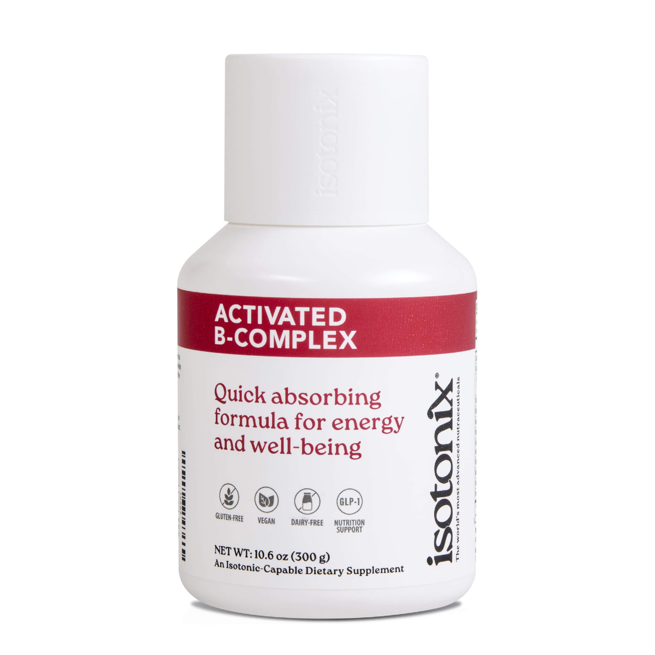 Isotonix frasco frontal mostrando etiqueta y raciones, beneficio conveniencia