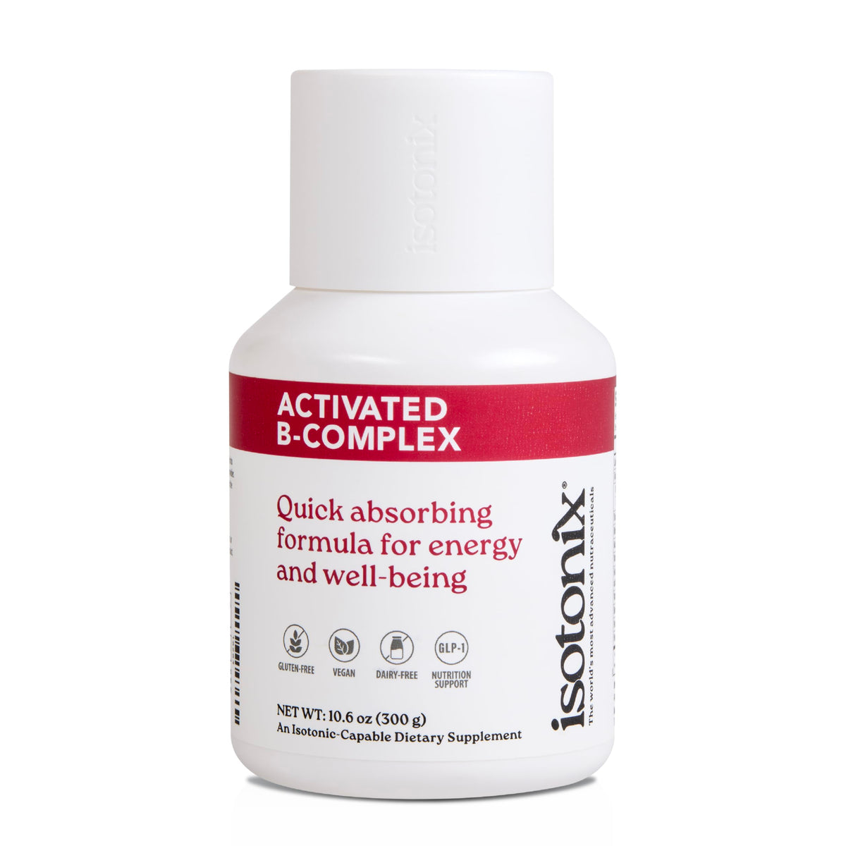 Isotonix frasco frontal mostrando etiqueta y raciones, beneficio conveniencia