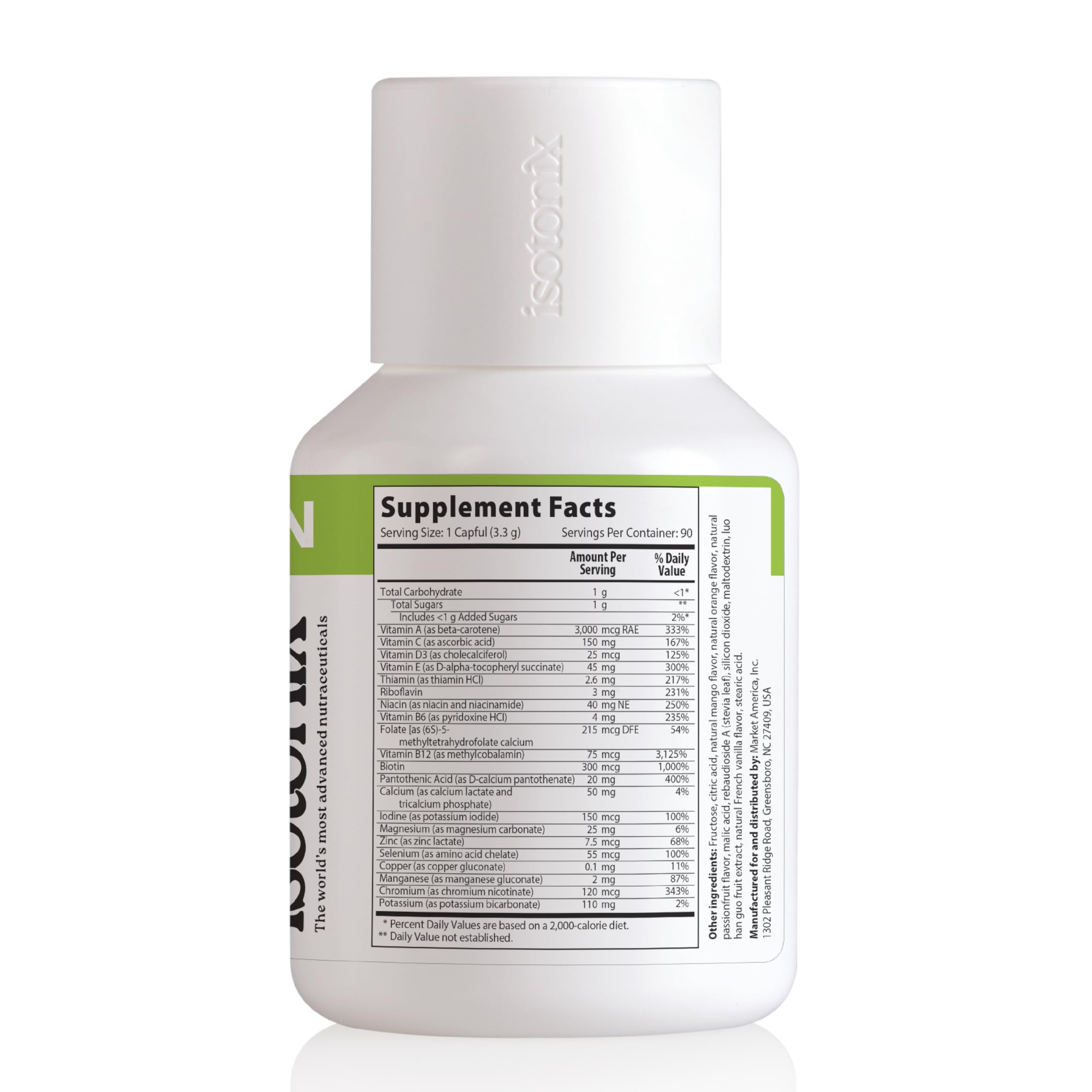 Isotonix comparación de tamaño con mano, muestra fácil almacenamiento