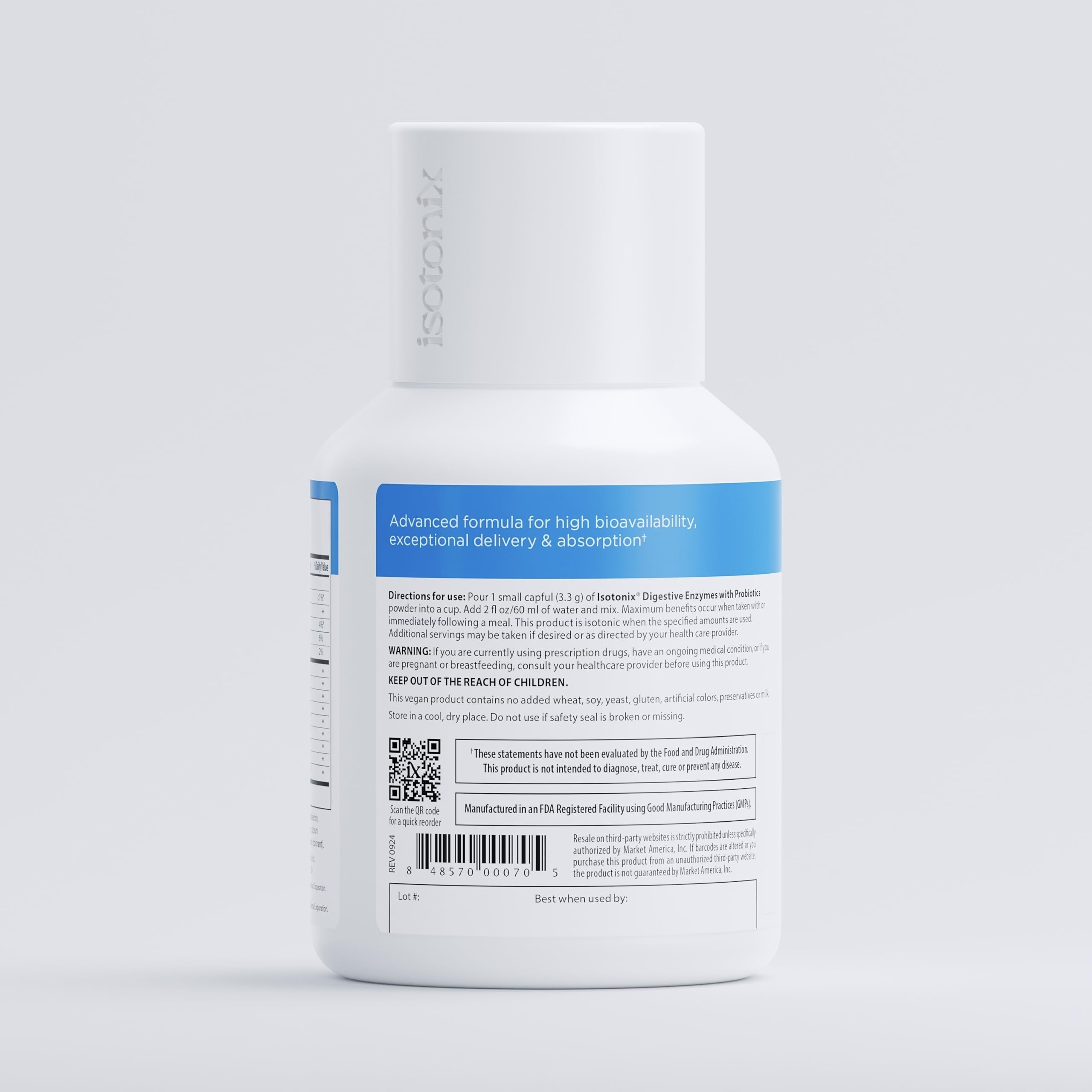 Isotonix etiqueta con información de ingredientes y certificaciones