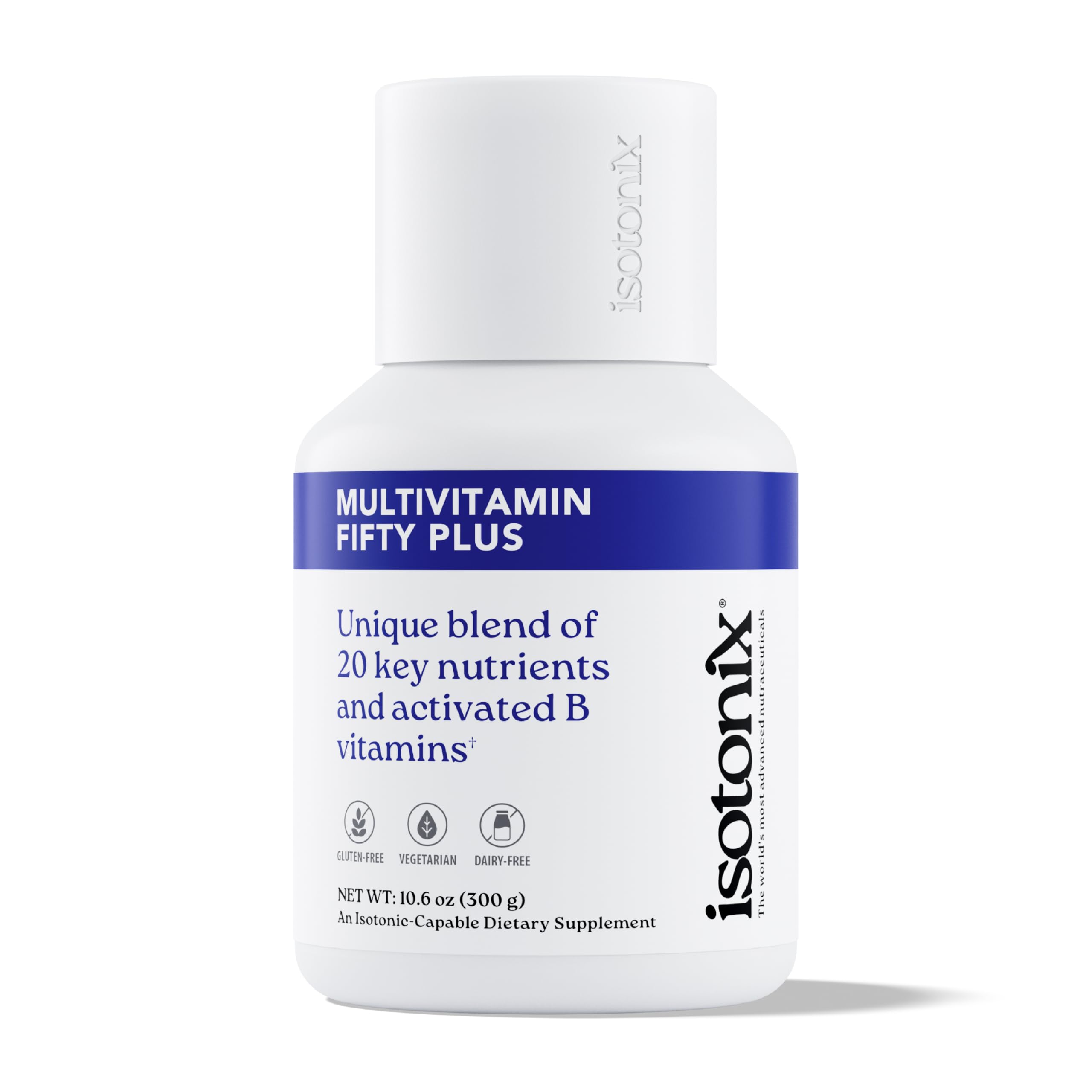 Isotonix frasco delantero Multivitamin Fifty Plus mostrando etiqueta clara y beneficios
