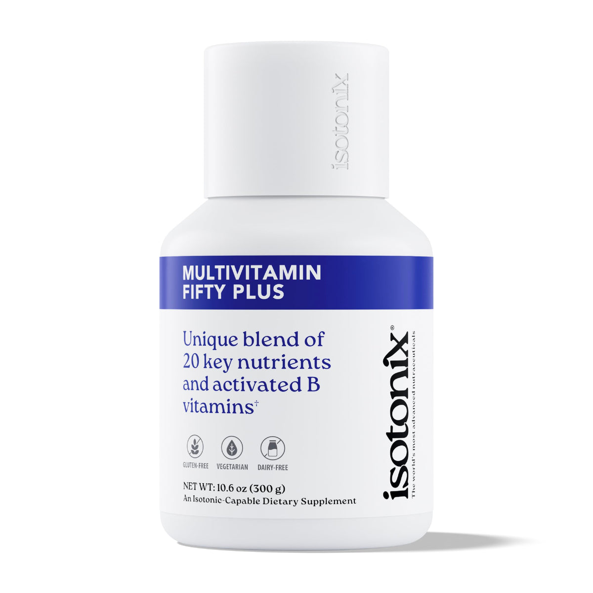Isotonix frasco delantero Multivitamin Fifty Plus mostrando etiqueta clara y beneficios