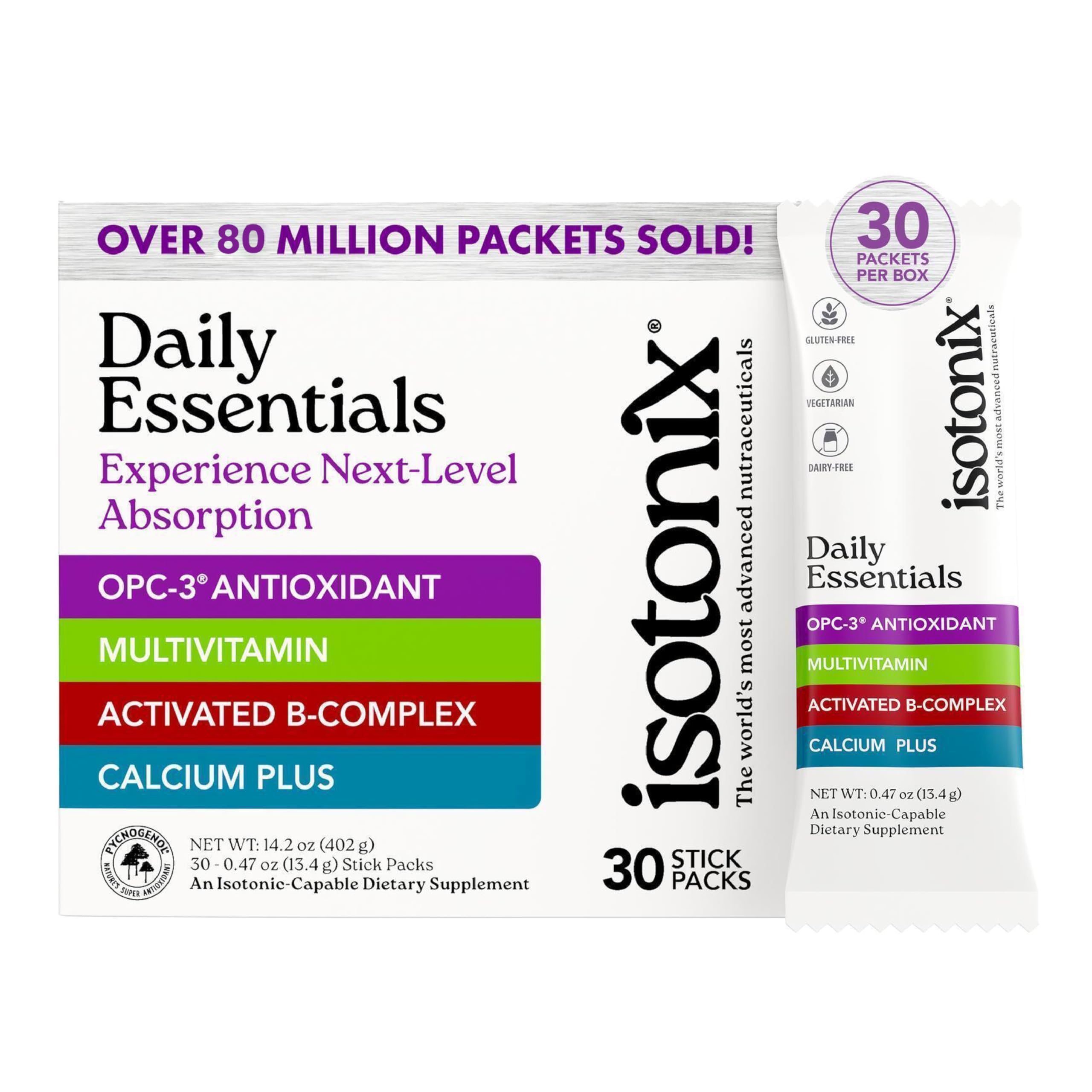 Isotonix caja frontal mostrando 30 sobres y beneficios rápidos de absorción