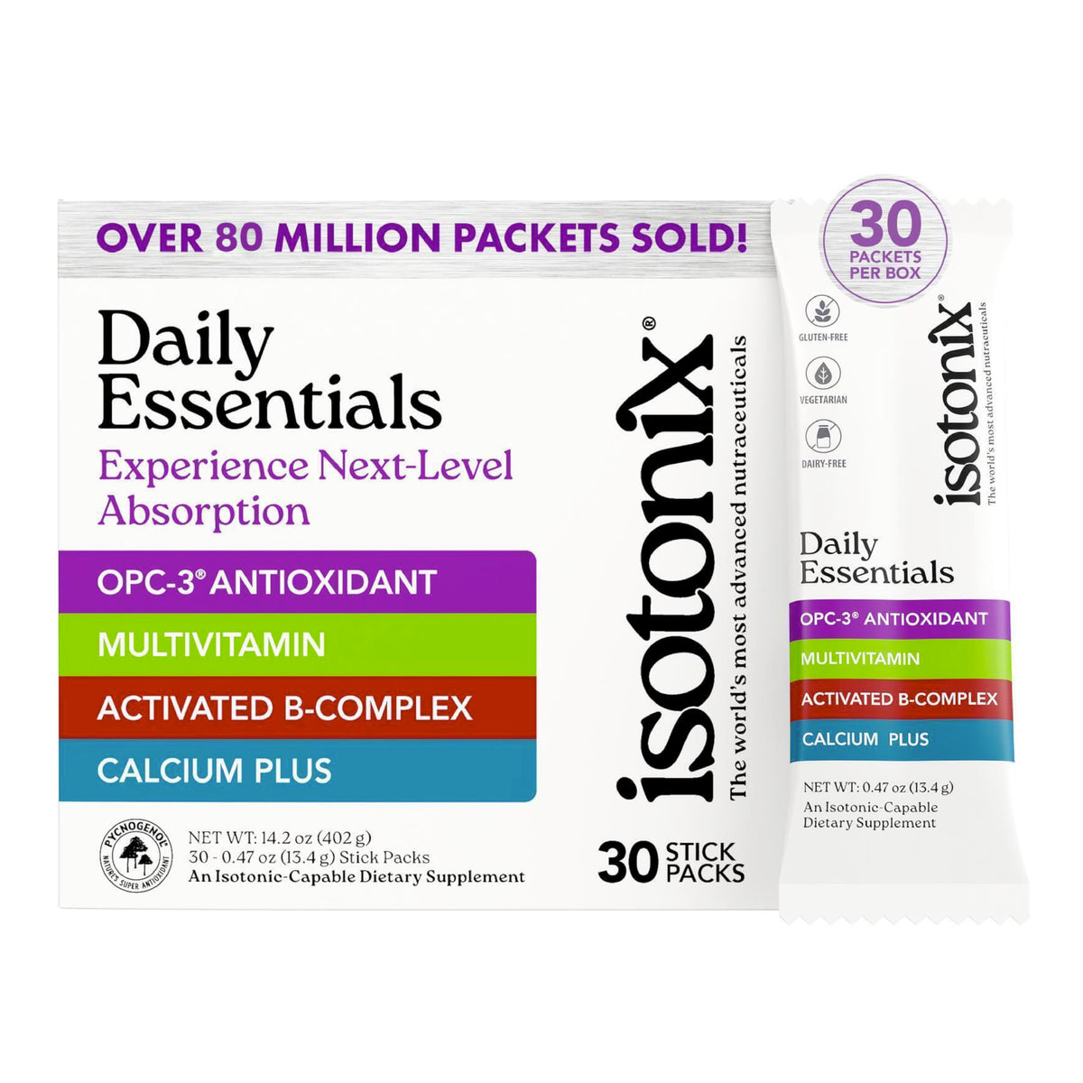 Isotonix caja frontal mostrando 30 sobres y beneficios rápidos de absorción