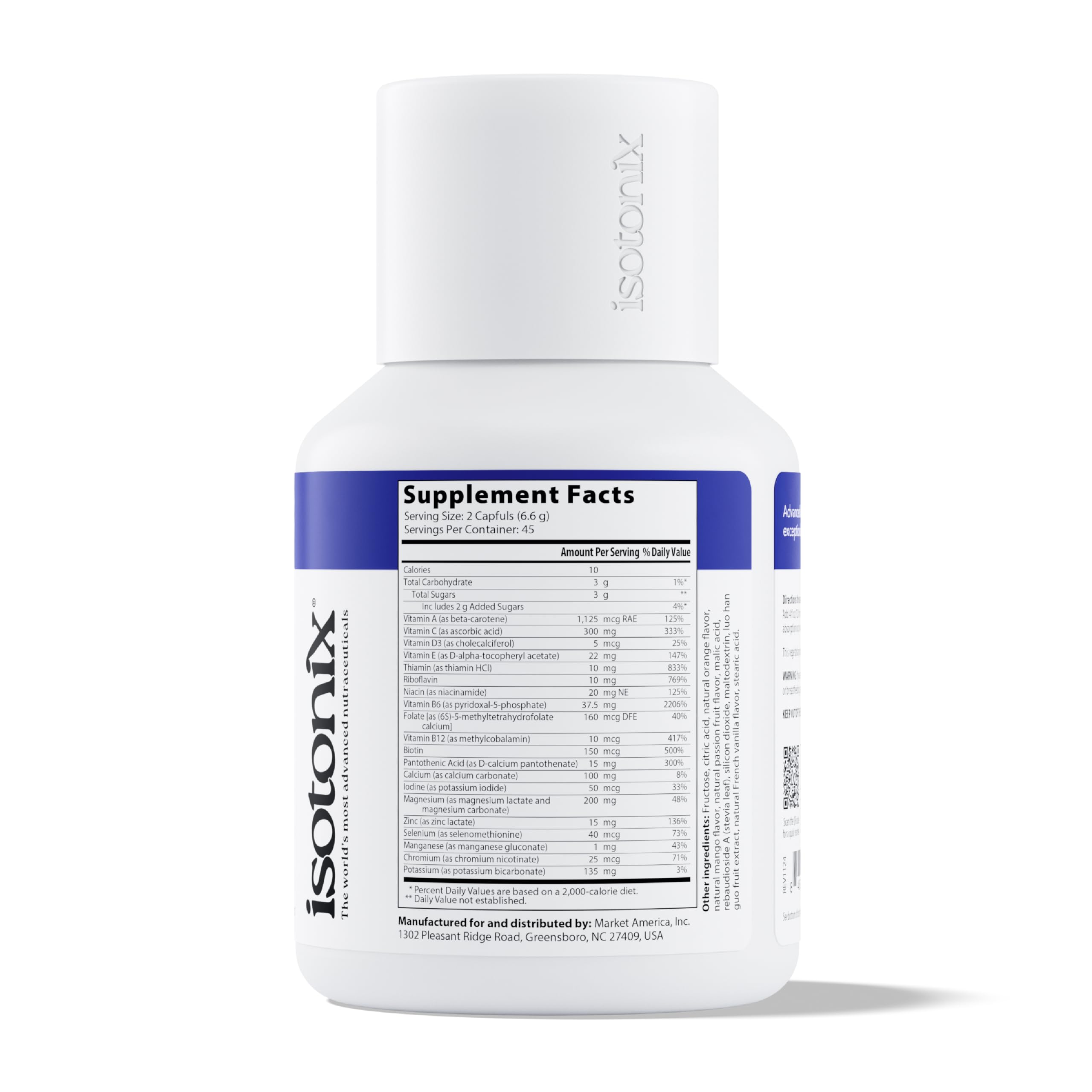 Isotonix primeros planos de vitaminas B C D en etiqueta enfatizando soporte nutricional