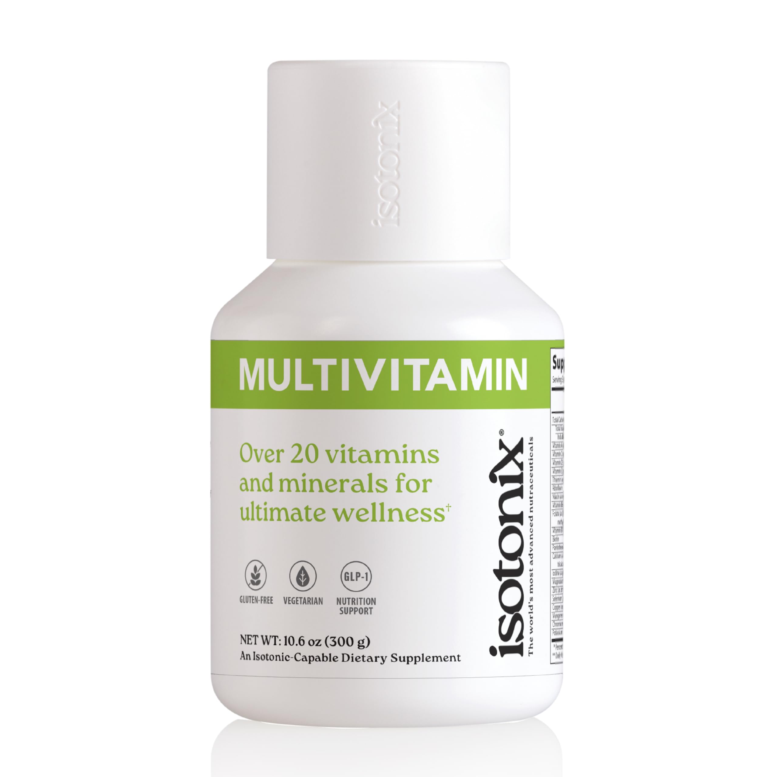 Isotonix frasco frontal mostrando etiqueta y conveniencia para uso diario