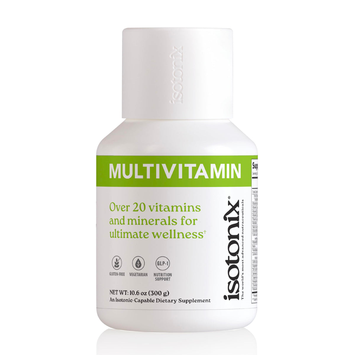Isotonix frasco frontal mostrando etiqueta y conveniencia para uso diario
