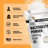 Etiqueta del producto It's Just! con ingredientes y sello GMP, transparencia de calidad
