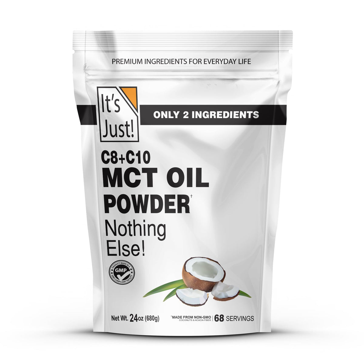 It's Just! envase frontal de MCT Oil Powder mostrando formato 24 oz y beneficios