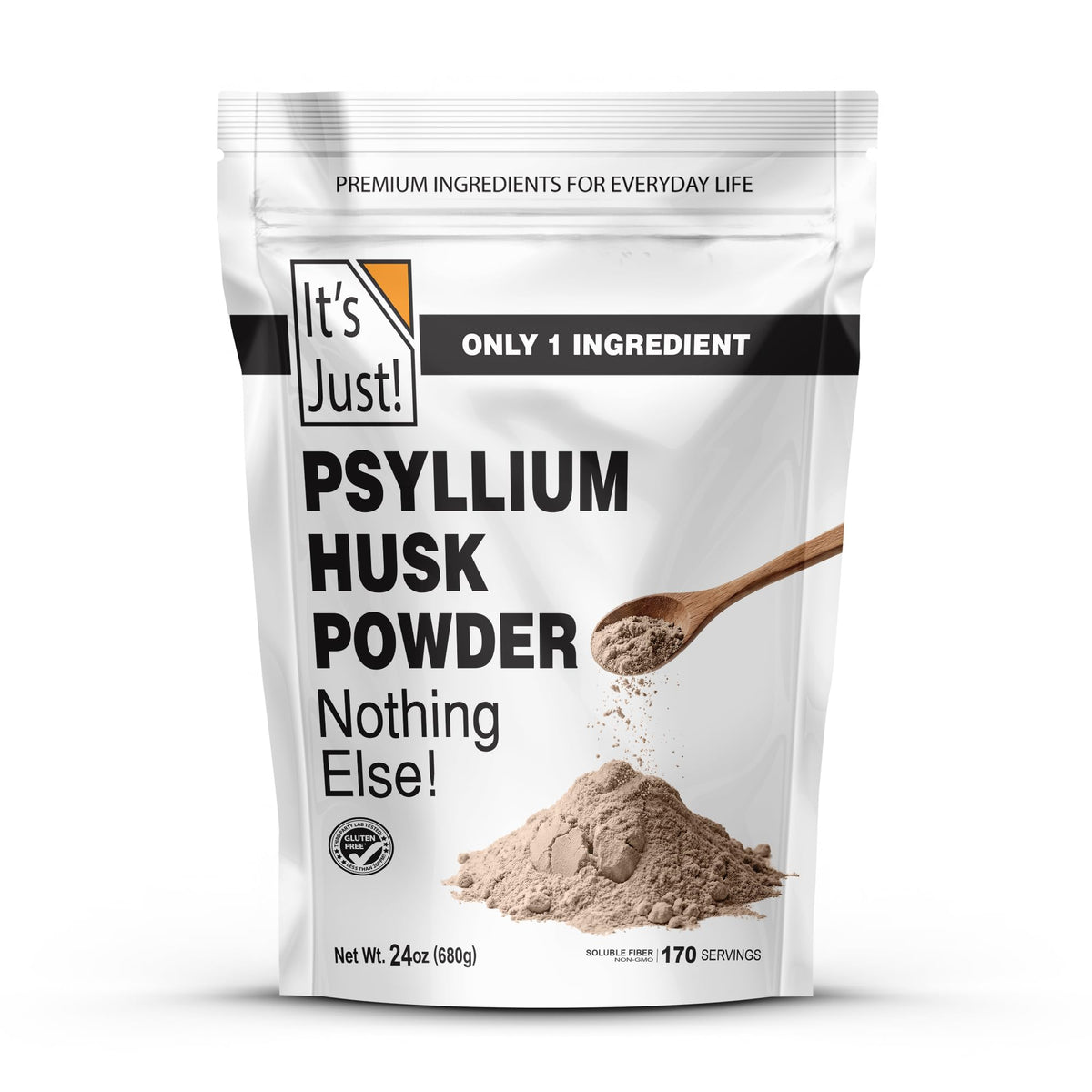It's Just! envase frontal de psyllium de 24 oz mostrando presentación clara y beneficio práctico