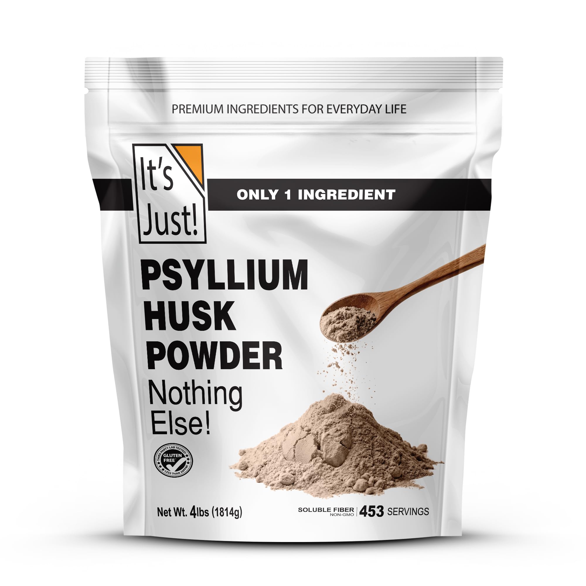 It’s Just! frente del envase de psyllium, envase grande de 4 libras con información clara