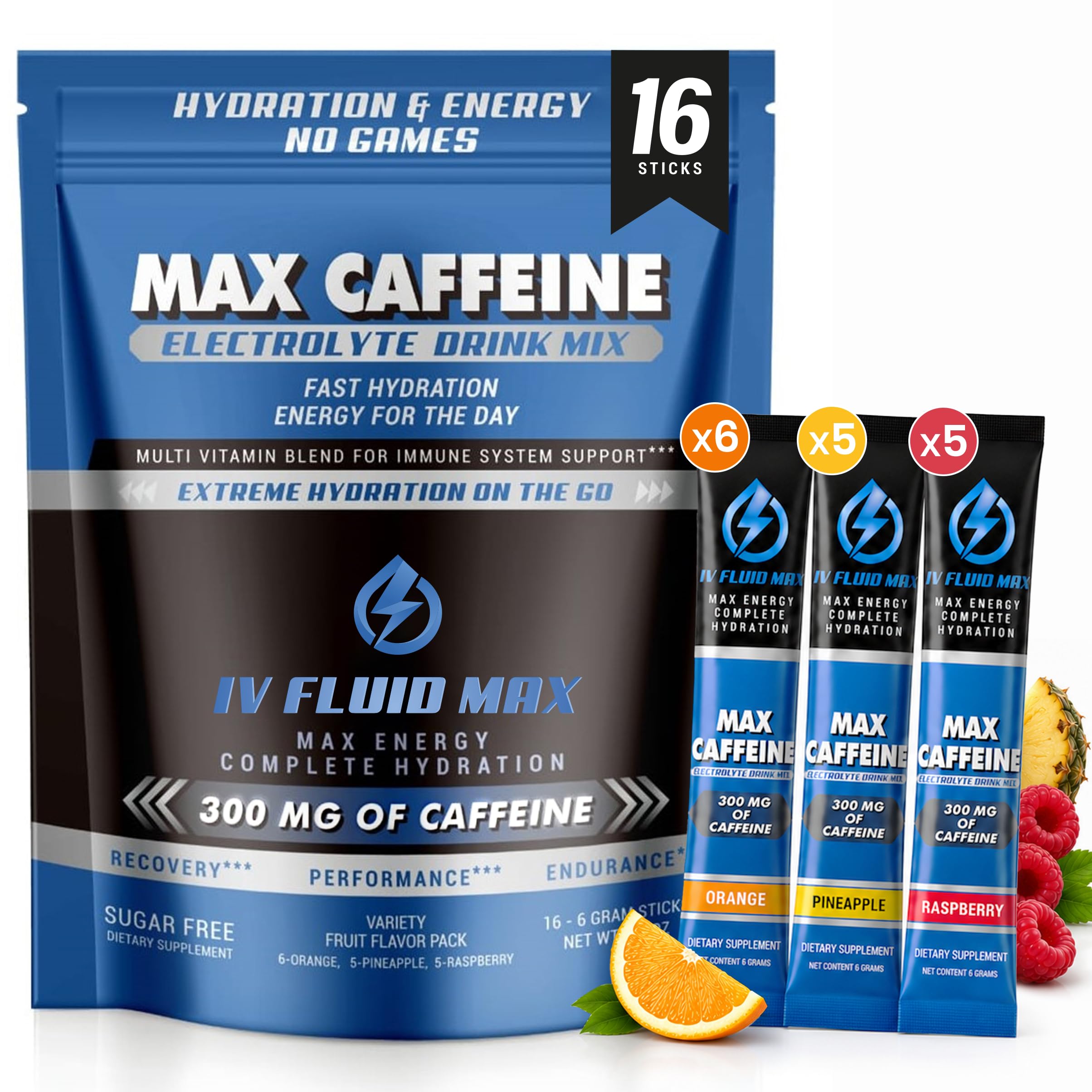 IV FLUID MAX empaque frontal mostrando 16 sobres y variedad de sabores, conveniencia inmediata