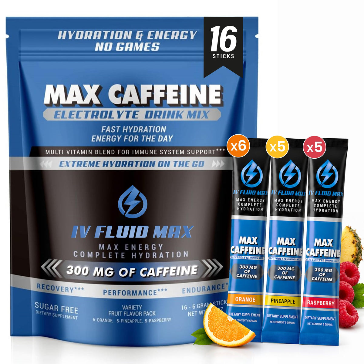 IV FLUID MAX empaque frontal mostrando 16 sobres y variedad de sabores, conveniencia inmediata