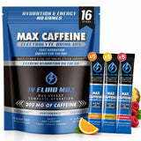IV FLUID MAX empaque frontal mostrando 16 sobres y variedad de sabores, conveniencia inmediata